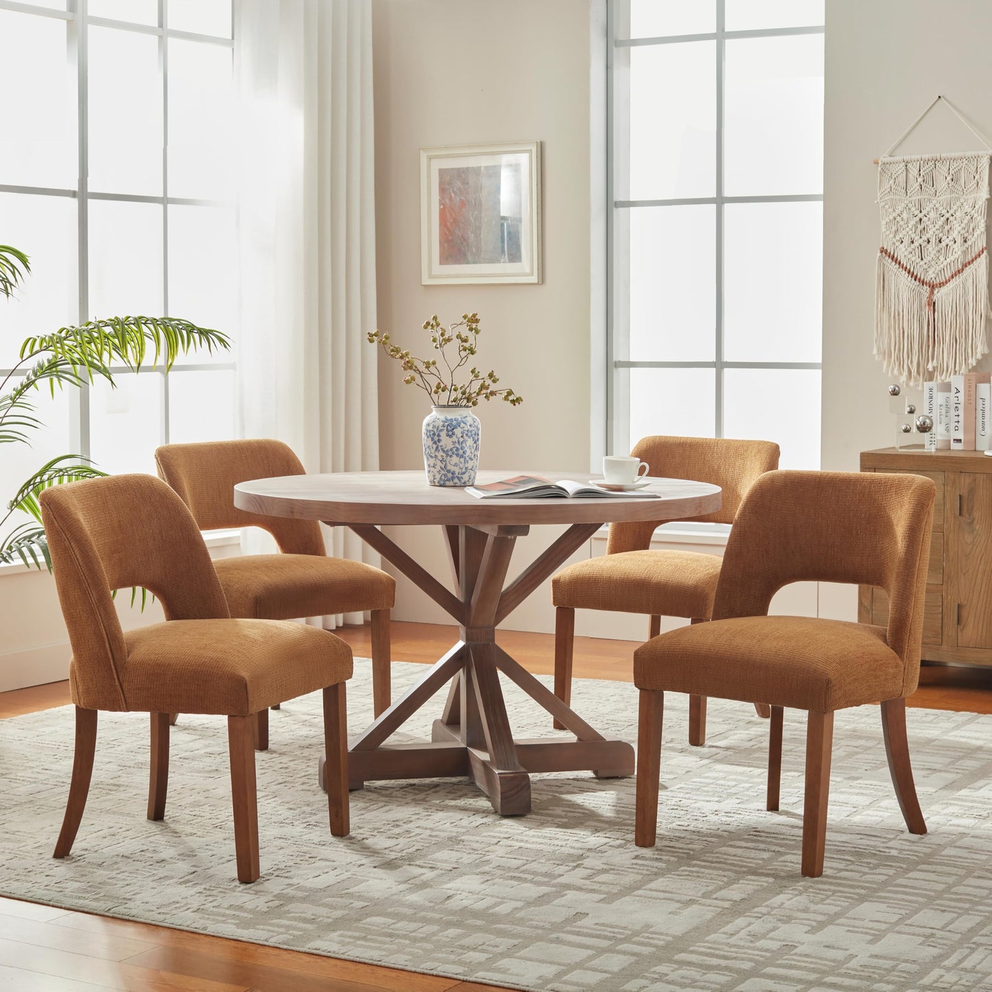 VKNOW Wooden Dining Chairs Set of 2, Modern Fabric Upholstered Dining Room Chair Kitchen Chairs, Farmhouse Dinner Chair for Kitchen Dining Room, Beige-Black Legs