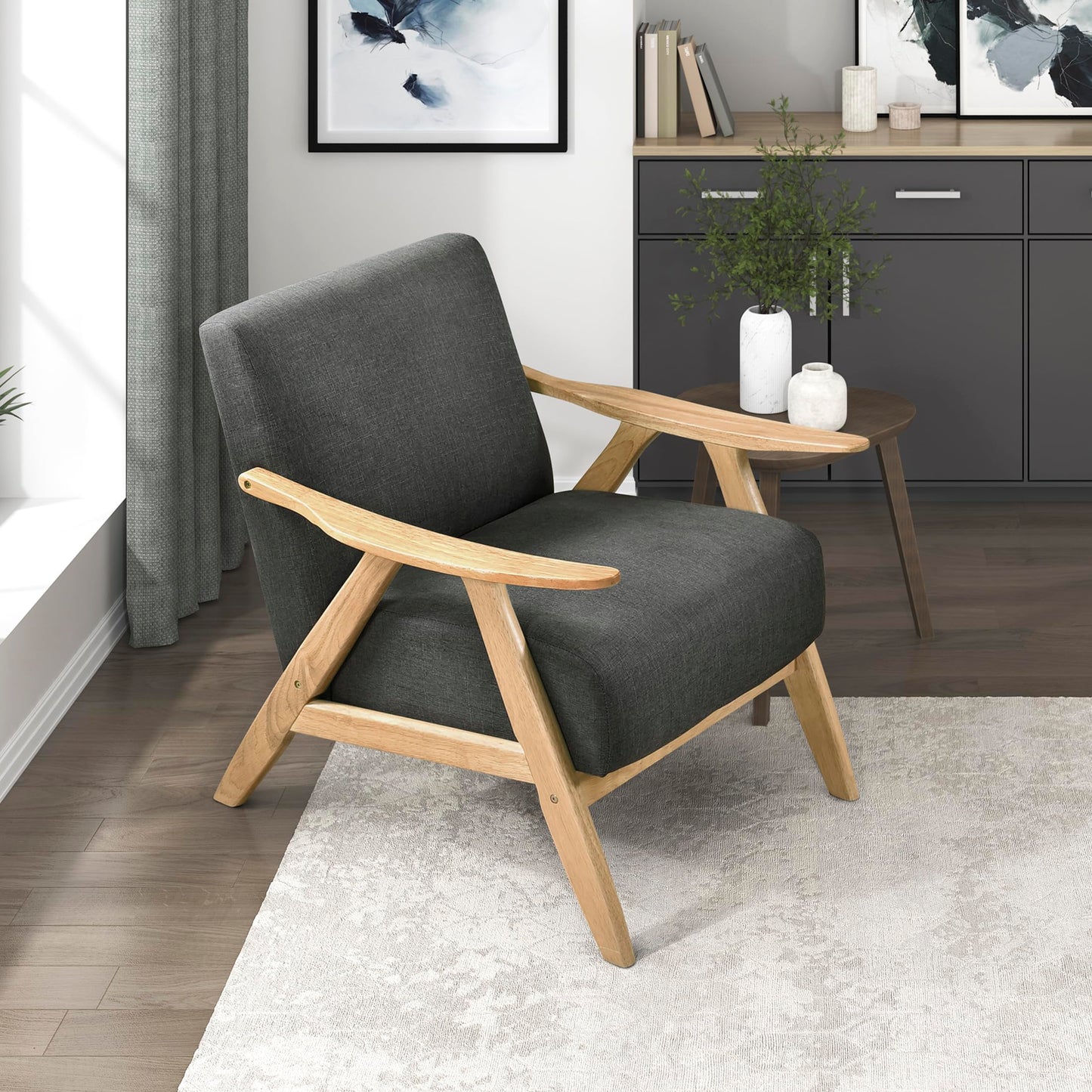 Lexicon Mid Century Modern Accent Chair with Solid Wood Frame in Walnut Finish, Upholstered Living Room Lounge Arm Chair, Thick and Comfy Innerspring Seat Cushion, Linen-Look Fabric, Gray