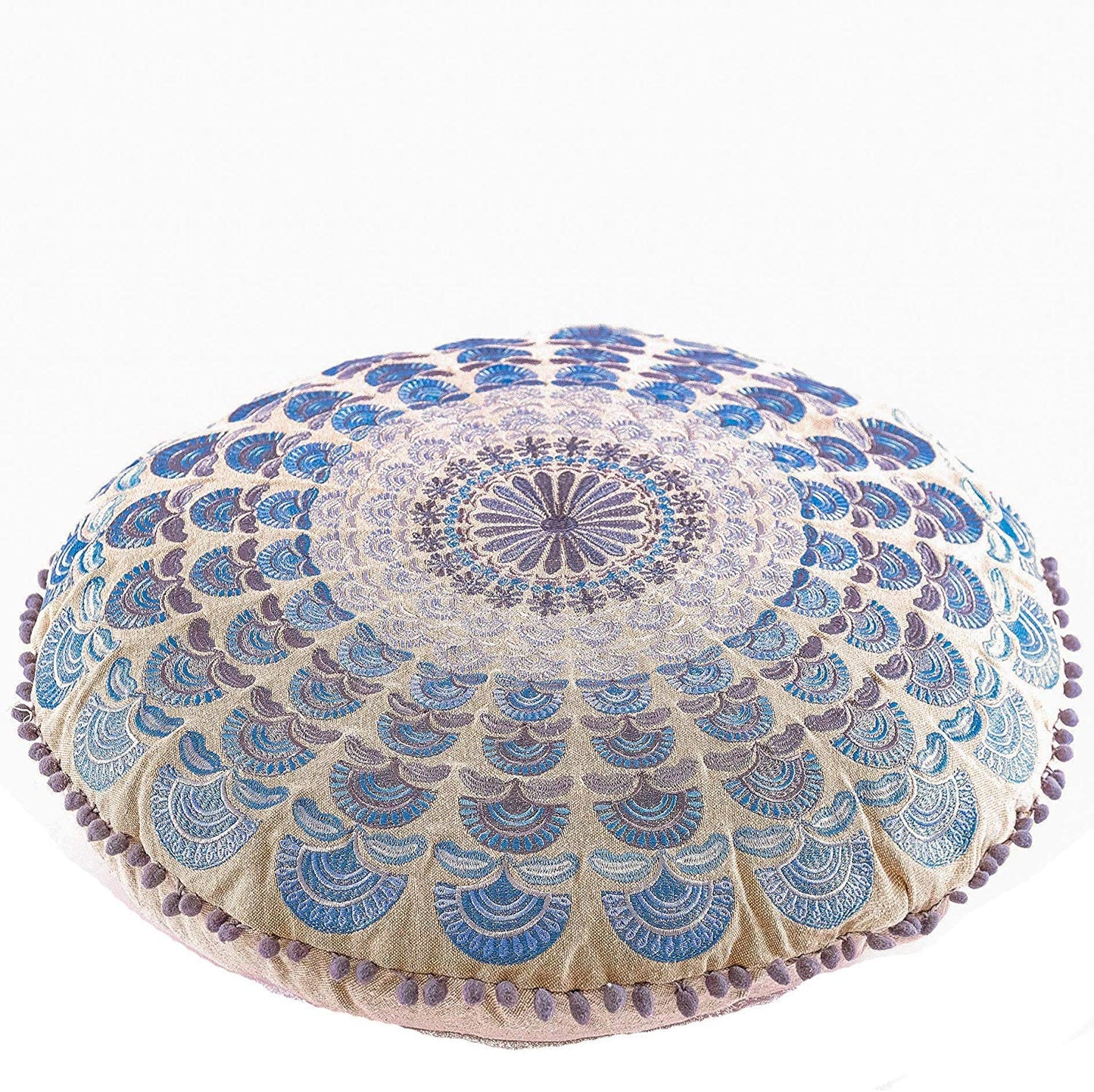 Large Round Floor Pillow Cover Blue Indian Décorative Accent Meditation Cushion Perfect for Living Room, Bedroom, Nursary or Children Room Seating Area Stool Footstool Pouf Ottoman 24x8 Unstuffed