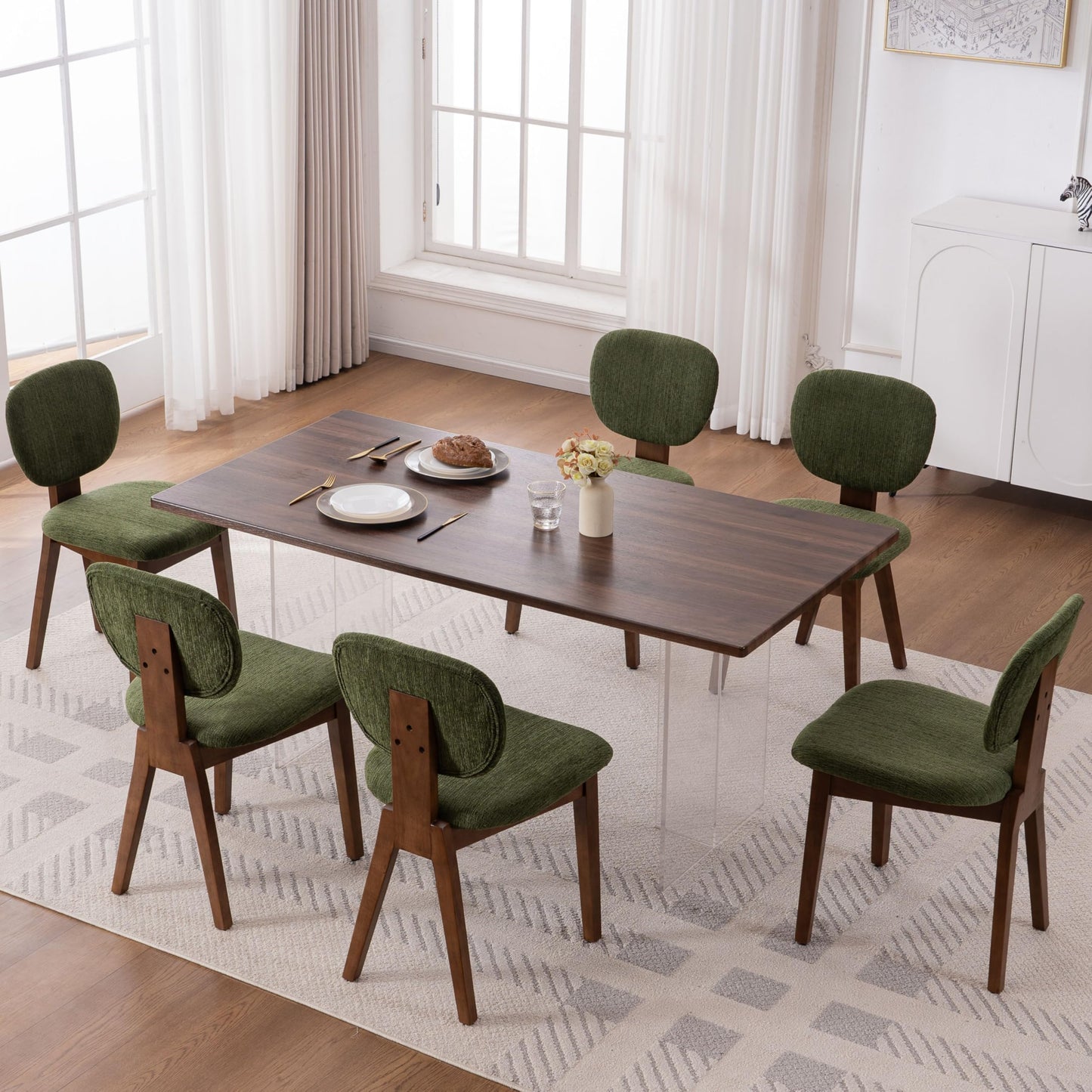 VKNOW Wooden Dining Chairs Set of 4, Mid Century Modern Upholstered Kitchen Side Chairs, Chenille Dining Room Chair with Curved Seat Backrest for Home Dining Room,Green