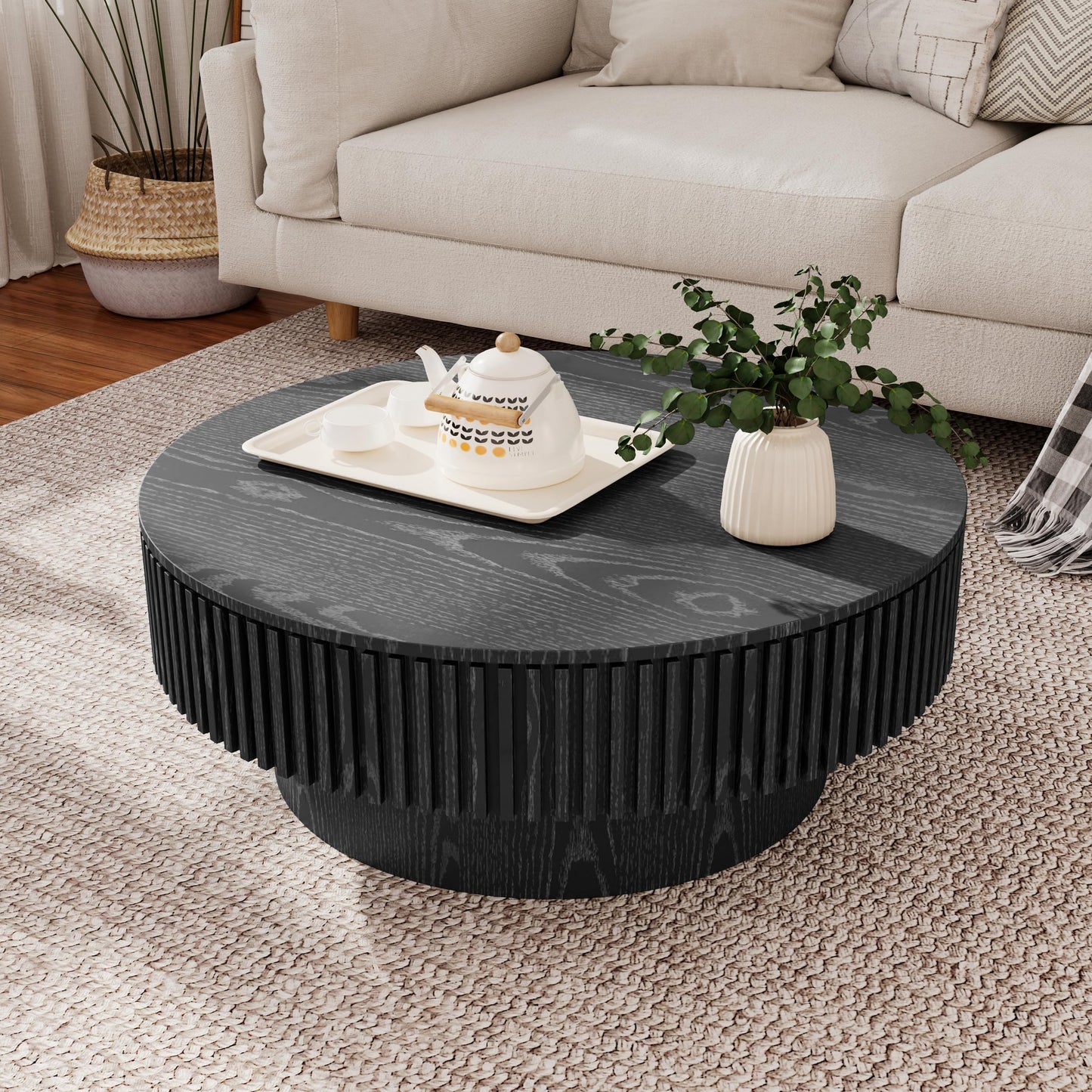 31.5" Round Drum Coffee Table with Storage, Handcraft Fluted Drum Coffee Table, Modern Wooden Circle Cocktail Tea Table Center Table with Sturdy Pedestal for Living Room Apartment (Walnut)