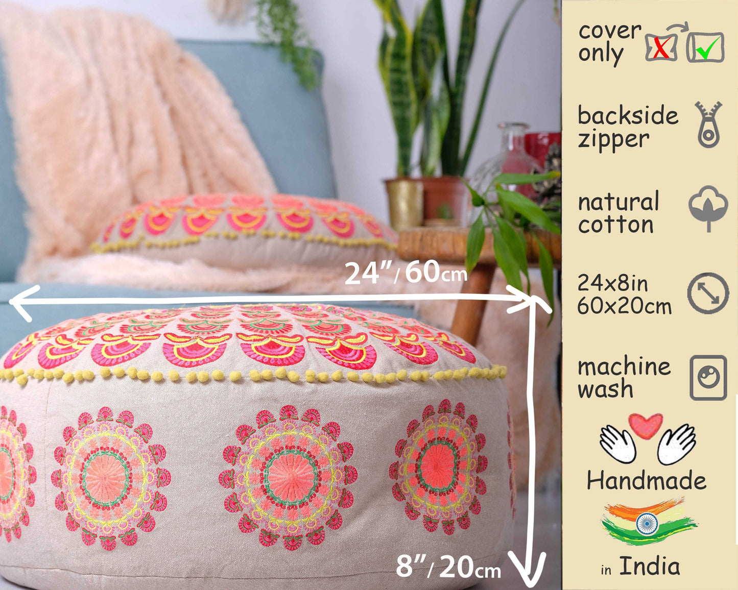 Large Round Floor Pillow Cover Blue Indian Décorative Accent Meditation Cushion Perfect for Living Room, Bedroom, Nursary or Children Room Seating Area Stool Footstool Pouf Ottoman 24x8 Unstuffed
