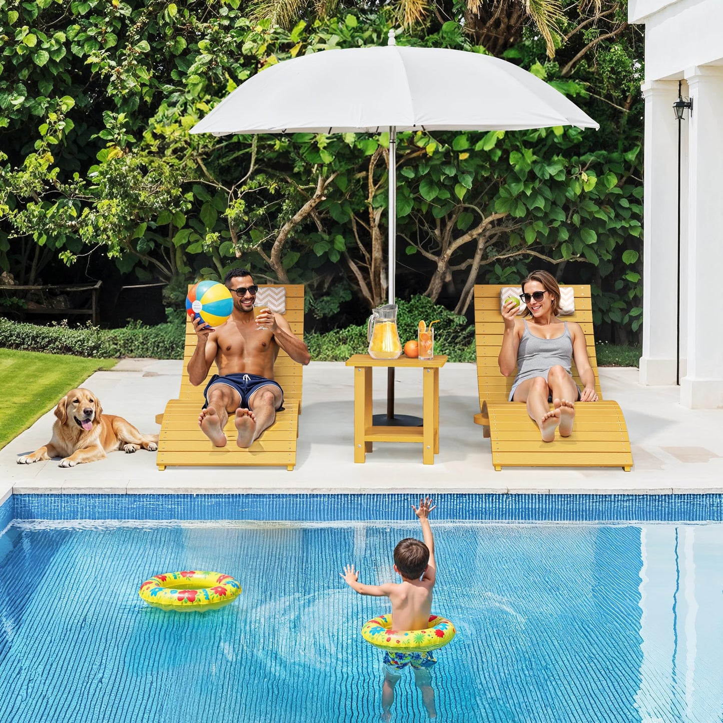 Folding Pool Lounge Chairs Set of 2, HDPS Anti-Floating Lounge Chairs for in-Pool Use, Chairs with Headrest for Hotel, Resort, Poolside, Beach & Sun Decks, Yellow