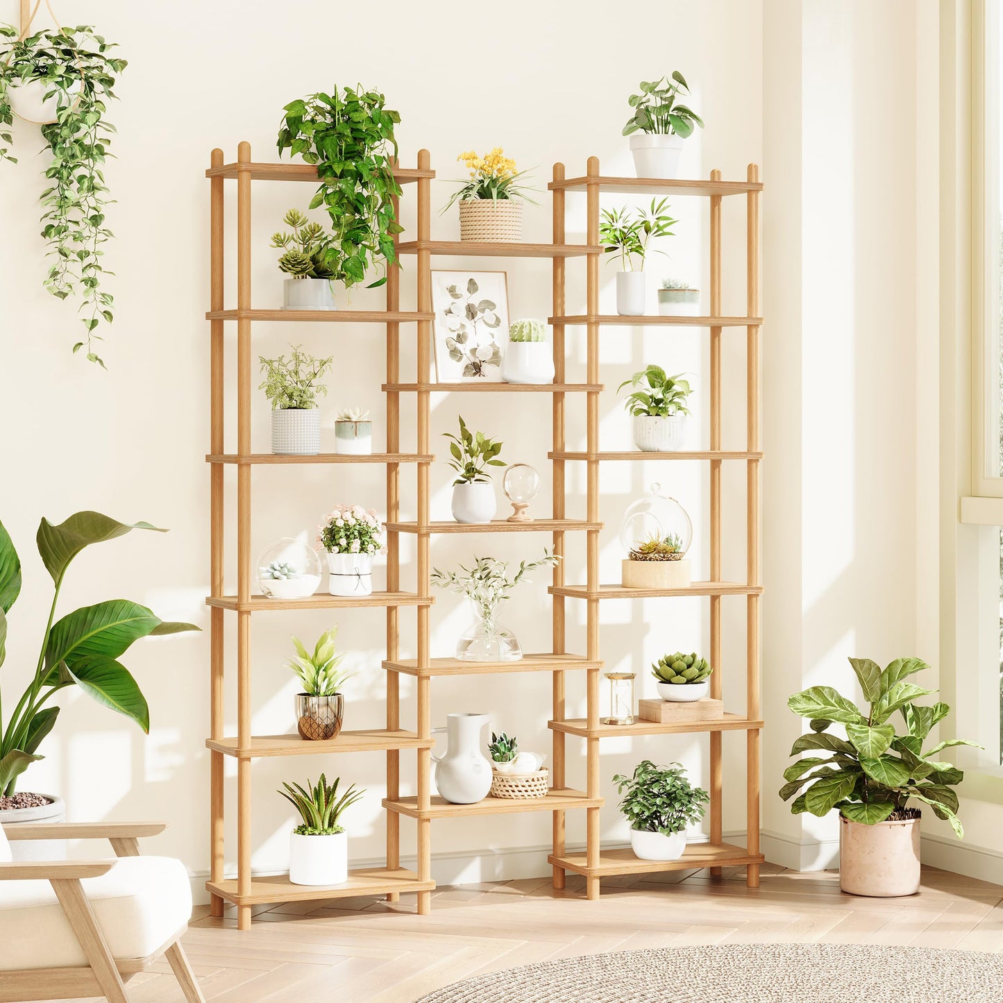 IOTXY Wooden Triple Wide Bookshelf - 5-Tier Large Shelf Bookcase with Solid Beech Frame, Tall Freestanding Open Etagere Display Rack for Home Office, Walnut