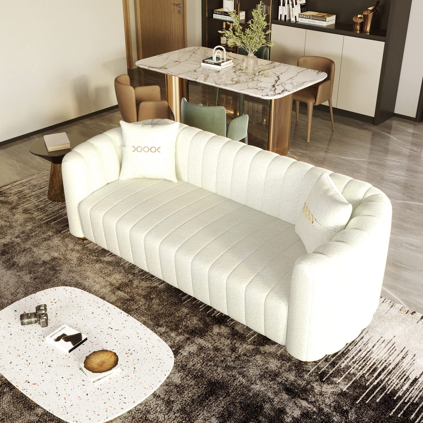 83'' Sofa for Living Room Modern Teddy Short Plush Couch 3-Seater Apartment Sofa with 2 Pillows & Golden Metal Legs