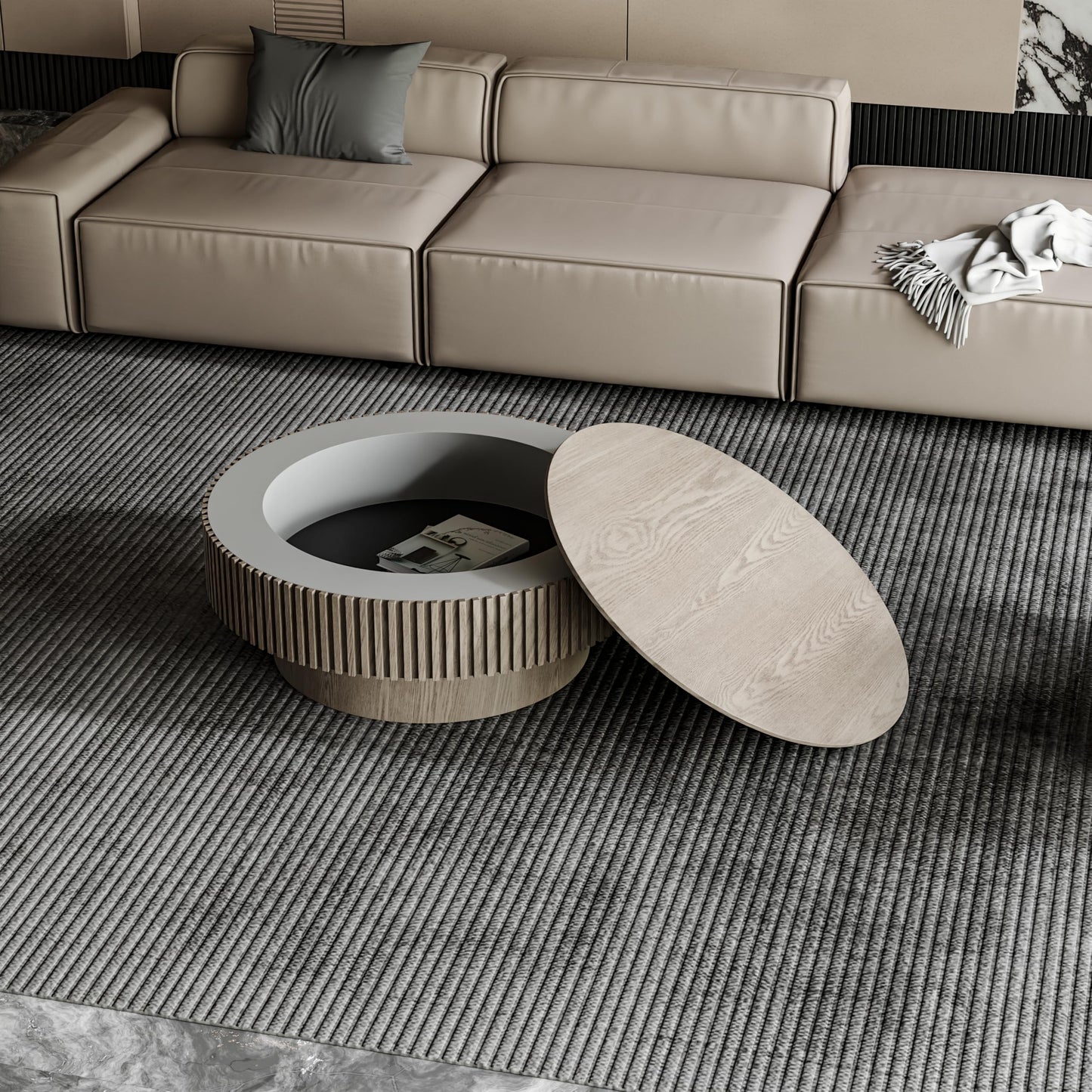 31.5" Round Drum Coffee Table with Storage, Handcraft Fluted Drum Coffee Table, Modern Wooden Circle Cocktail Tea Table Center Table with Sturdy Pedestal for Living Room Apartment (Walnut)
