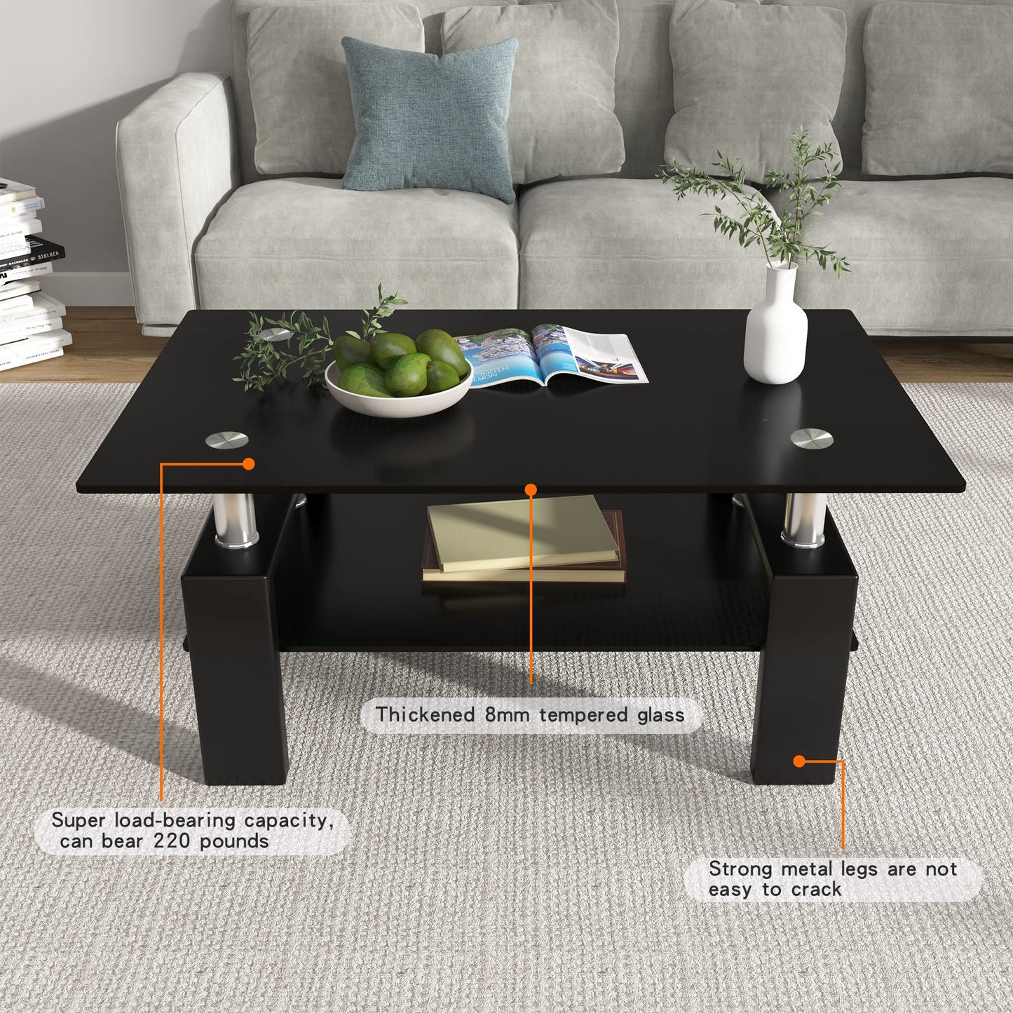 Meihua Tempered Glass Coffee Table for Living Room, Clear Center Table with 0.47 inch Tempered Glass, Transparent Modern Coffee Table