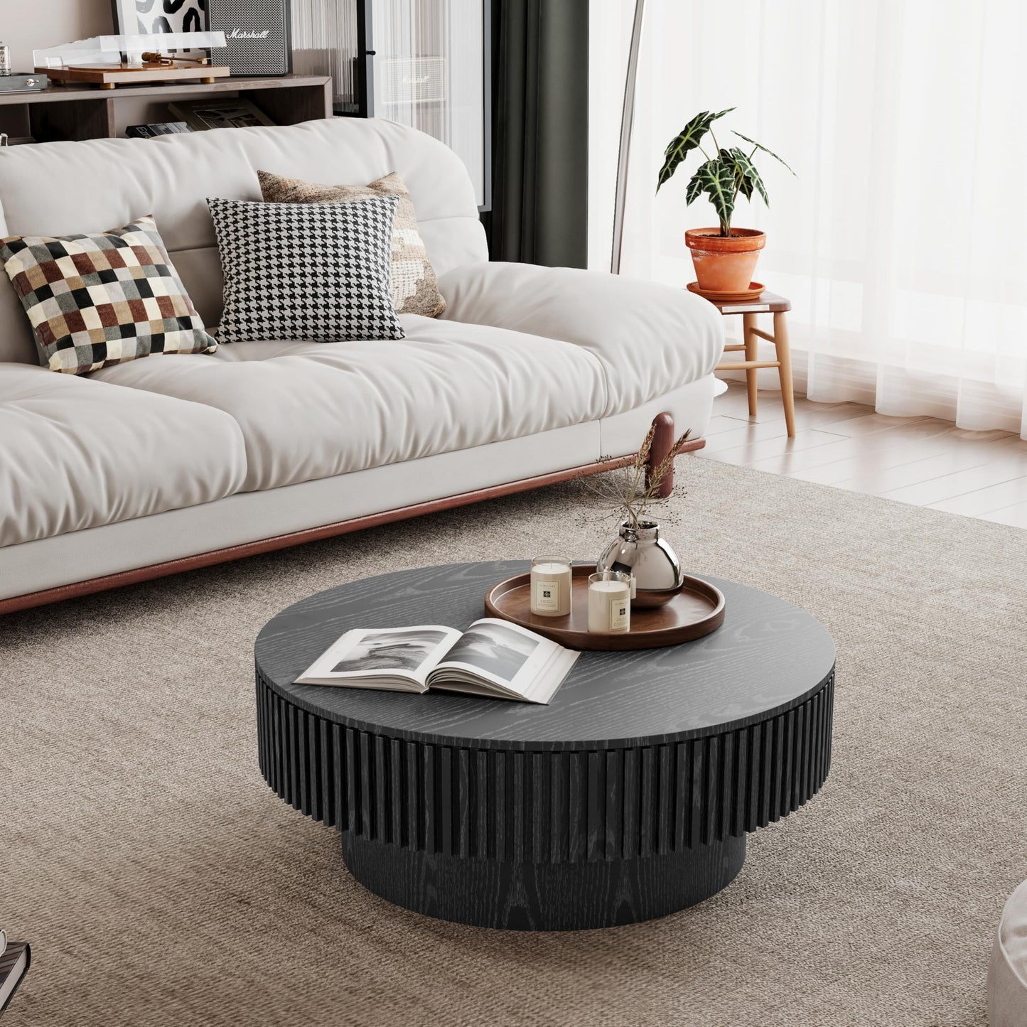31.5" Round Drum Coffee Table with Storage, Handcraft Fluted Drum Coffee Table, Modern Wooden Circle Cocktail Tea Table Center Table with Sturdy Pedestal for Living Room Apartment (Walnut)