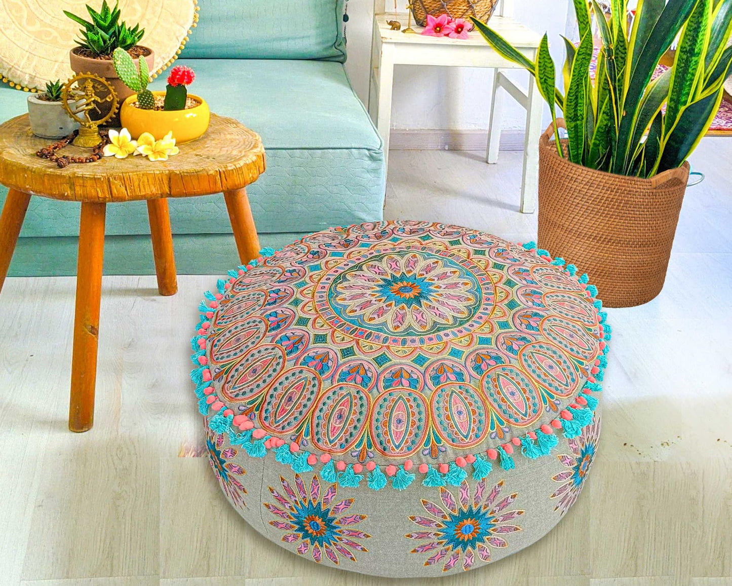 Large Round Floor Pillow Cover Blue Indian Décorative Accent Meditation Cushion Perfect for Living Room, Bedroom, Nursary or Children Room Seating Area Stool Footstool Pouf Ottoman 24x8 Unstuffed