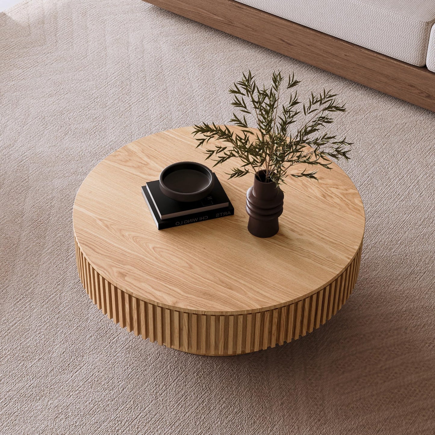 31.5" Round Drum Coffee Table with Storage, Handcraft Fluted Drum Coffee Table, Modern Wooden Circle Cocktail Tea Table Center Table with Sturdy Pedestal for Living Room Apartment (Walnut)