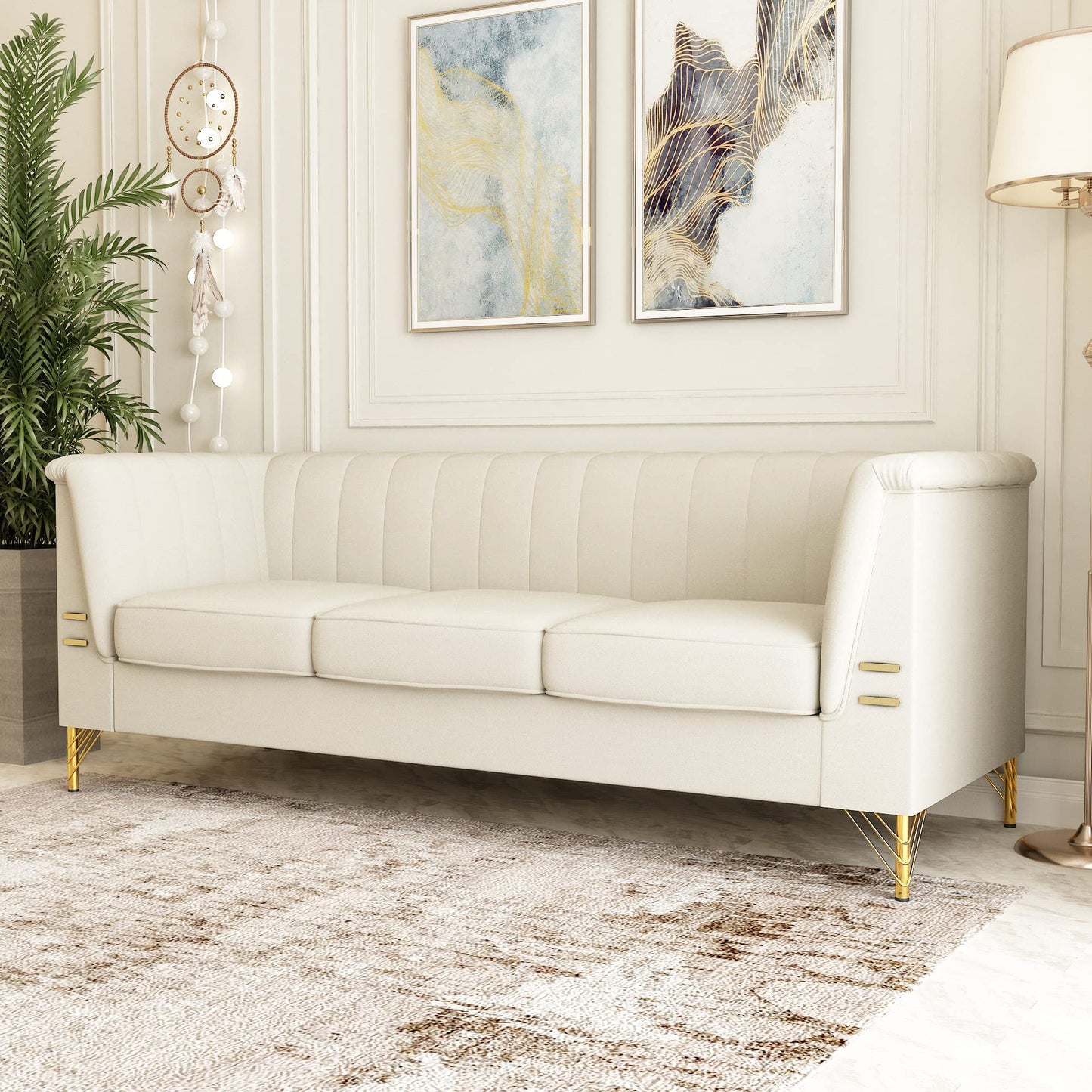 85.63" Velvet Sofa,Modern Loveseat Couch with Pillows Set of 2 for Living Room,Bedroom,Apartment Furniture with Gold Metal Legs (Green)