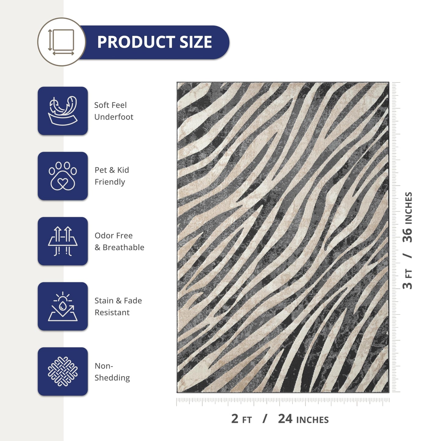 Abani Terra Area Rug for Living Room, Bedroom - Zebra Pattern - Black Cream - 9' x 12' - Durable & Easy to Clean