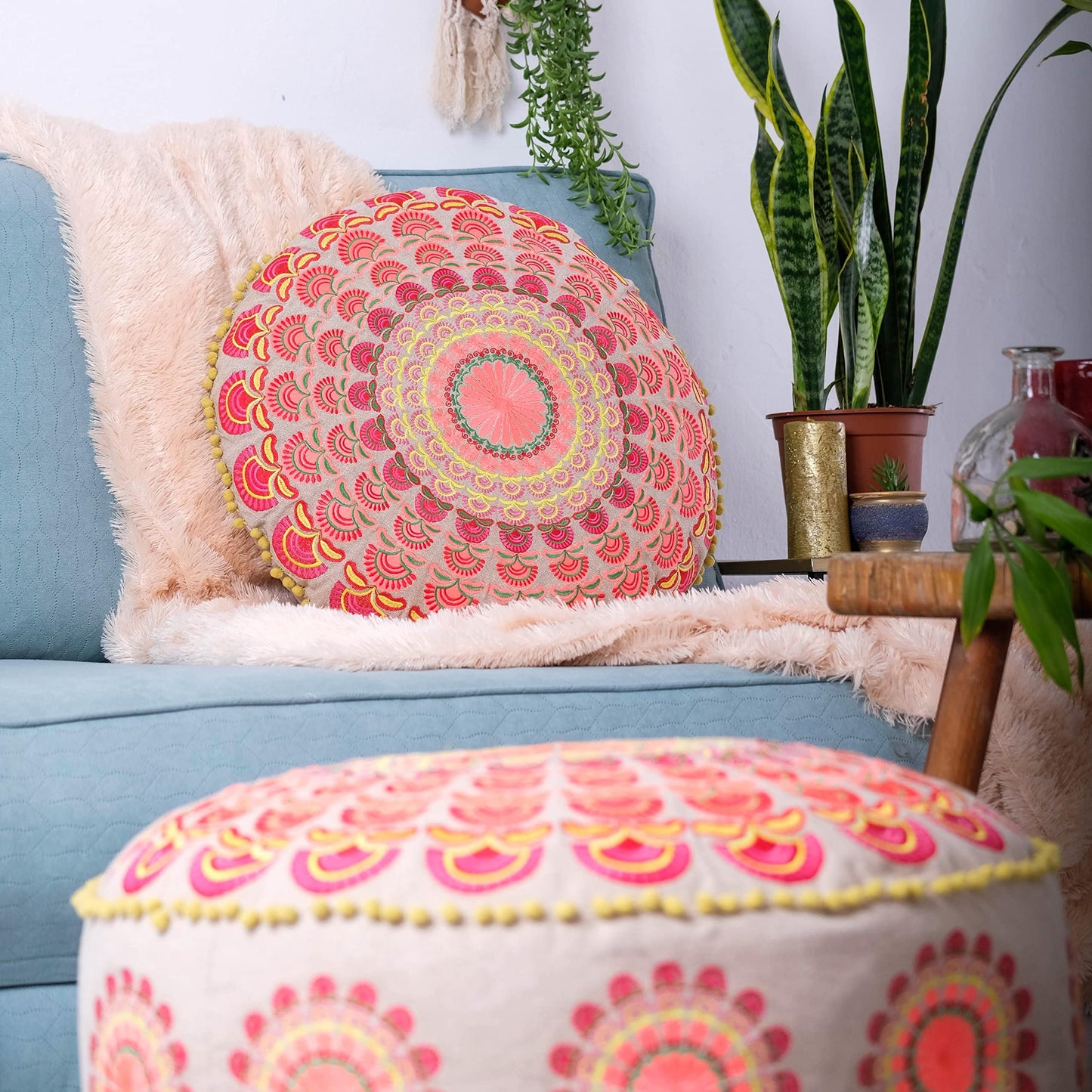 Large Round Floor Pillow Cover Blue Indian Décorative Accent Meditation Cushion Perfect for Living Room, Bedroom, Nursary or Children Room Seating Area Stool Footstool Pouf Ottoman 24x8 Unstuffed