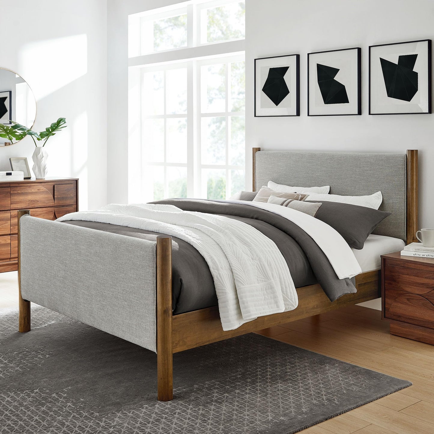 Modway Maven King Size Bed Frame in Tan Walnut with Faux Leather Upholstered Headboard and Footboard – Wood King Platform Bed Frame – No Box Spring Needed