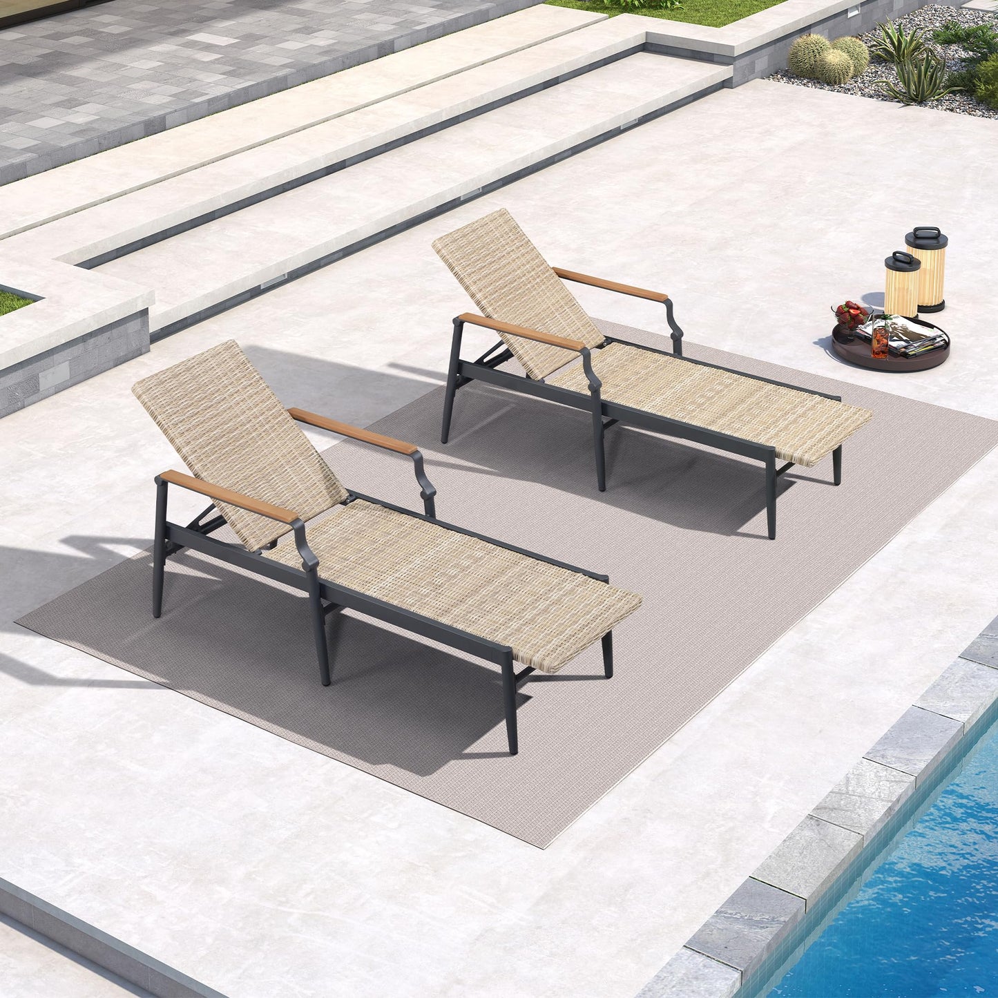 PURPLE LEAF Outdoor Chaise Lounge Chair Set of 2 Patio Pool Lounger Wicker Chairs with Wooden Armrest Sunbathing Tanning Recliner for Pool Backyard Garden Dark Brown