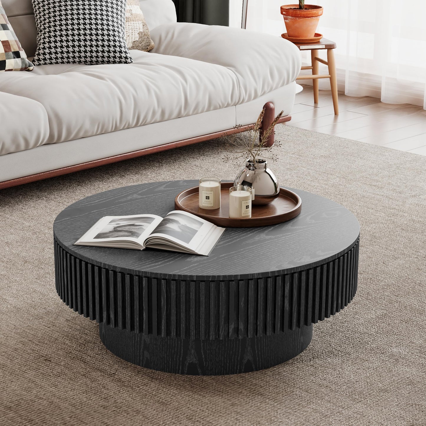 31.5" Round Drum Coffee Table with Storage, Handcraft Fluted Drum Coffee Table, Modern Wooden Circle Cocktail Tea Table Center Table with Sturdy Pedestal for Living Room Apartment (Walnut)