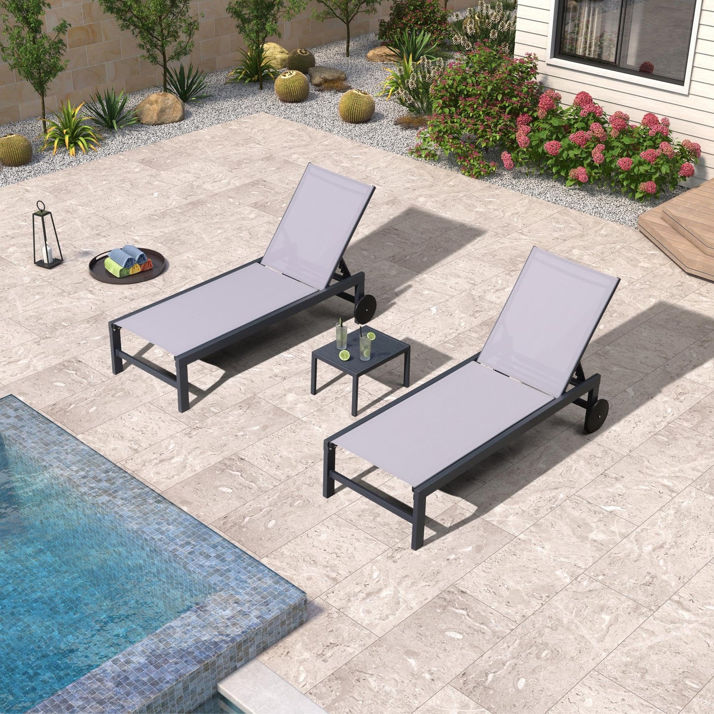 PURPLE LEAF Outdoor Chaise Lounge Chair Set of 2 Patio Pool Lounger Wicker Chairs with Wooden Armrest Sunbathing Tanning Recliner for Pool Backyard Garden Dark Brown