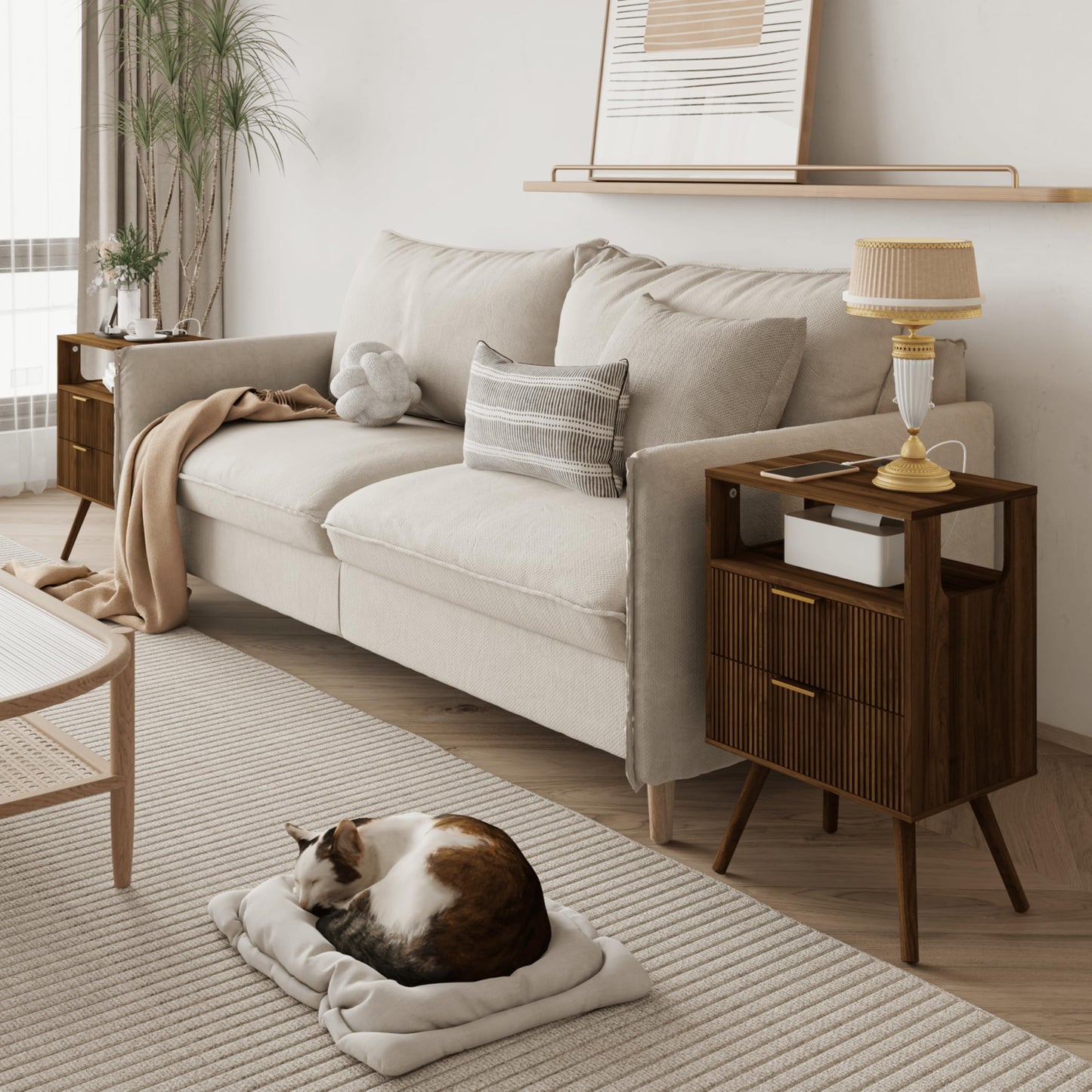 Nightstand with Charging Station and LED Lights,Modern Bedside Table with 2 Storage Drawer and Open Wood Shelf, for Bedroom and Small Spaces,Night Stand with Solid Wood Legs,GreyOak