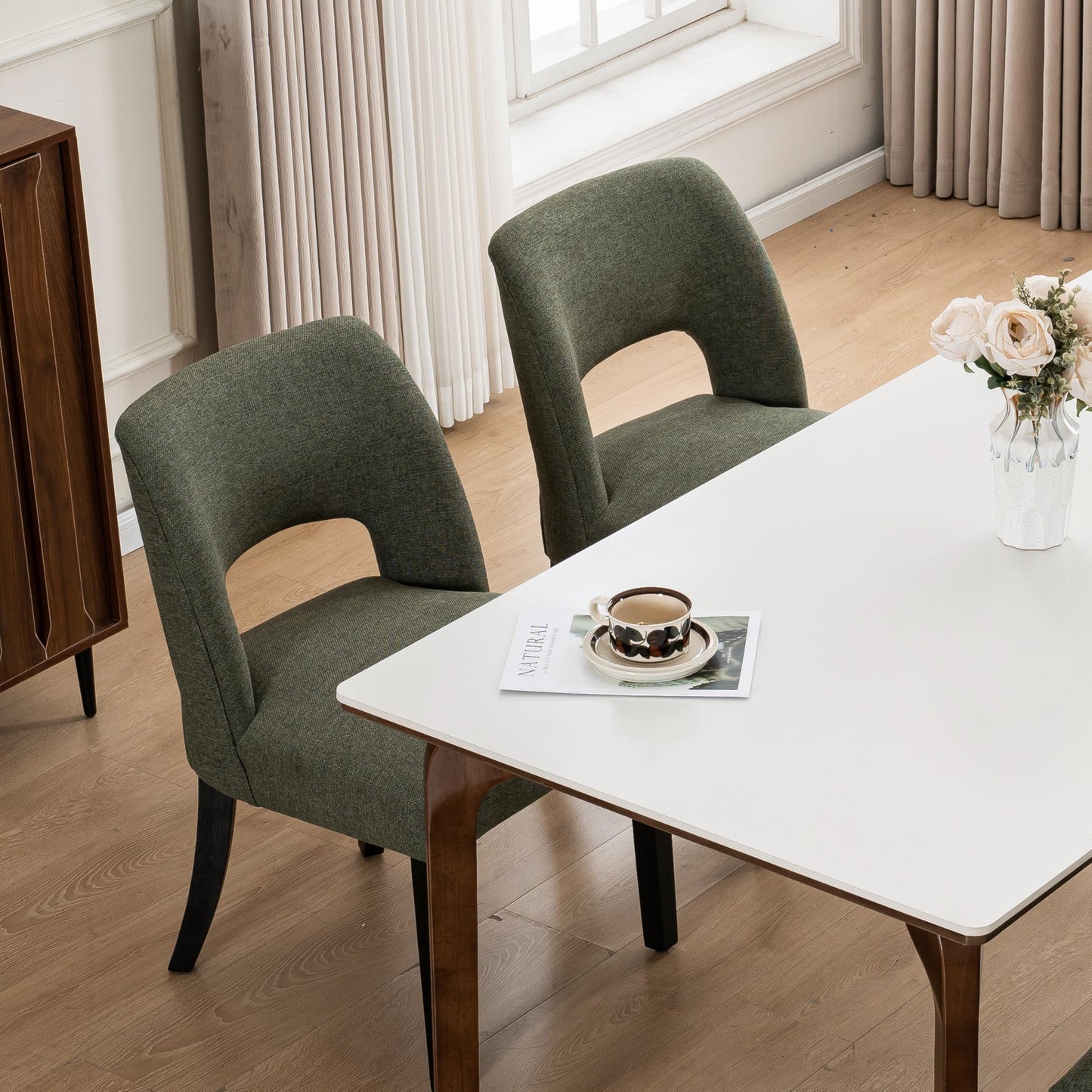 VKNOW Wooden Dining Chairs Set of 2, Modern Fabric Upholstered Dining Room Chair Kitchen Chairs, Farmhouse Dinner Chair for Kitchen Dining Room, Beige-Black Legs
