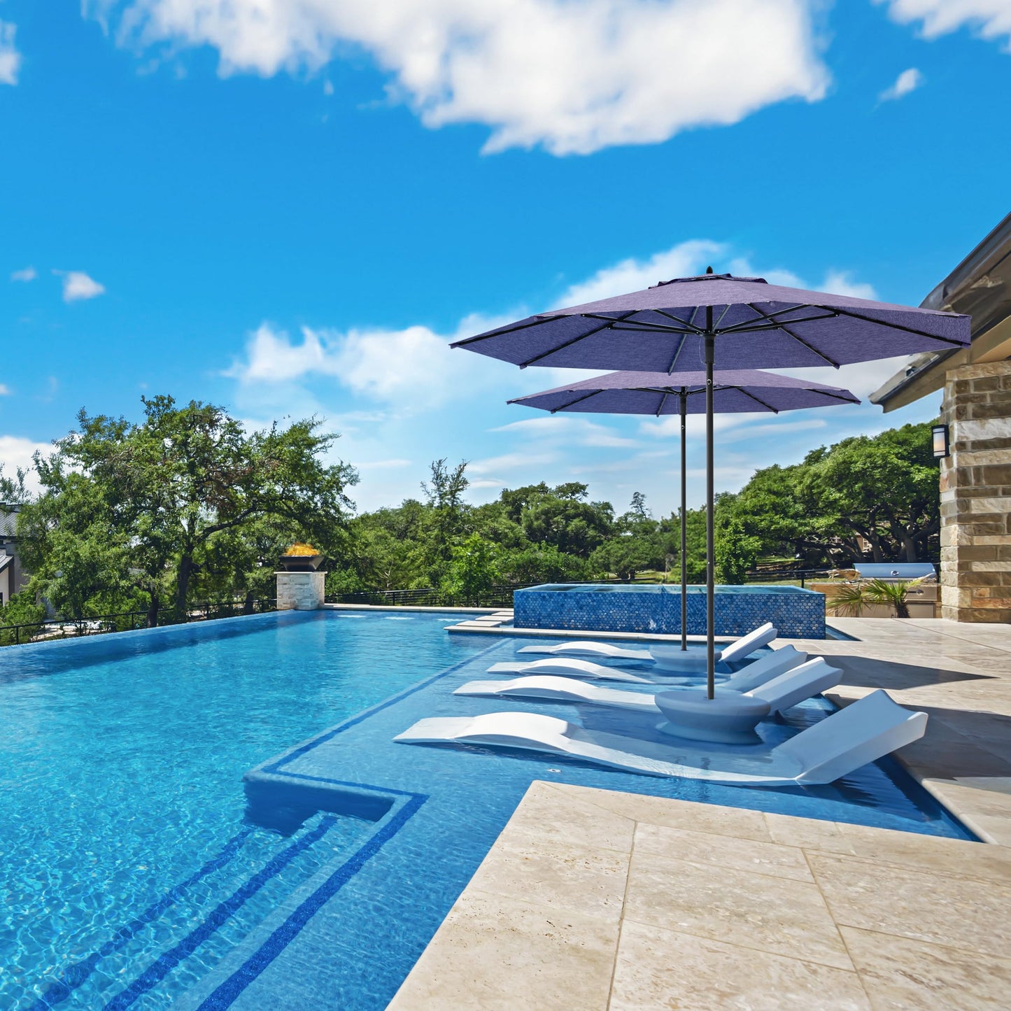 Midtown Umbrellas Push and Pop 9 Feet Outdoor Umbrella With Terylast Black/White Stripes Polyester Fabric - Fiberglass Ribs Deck Patio, Backyard, Garden & Pool - Silver Pole