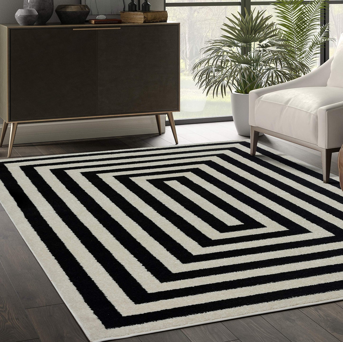 Abani Contemporary Black & Ivory 5'3" x 7'6" Area Rug, Contrasting Geometric Modern Stripe Symmetrical Living Room Carpet Rugs