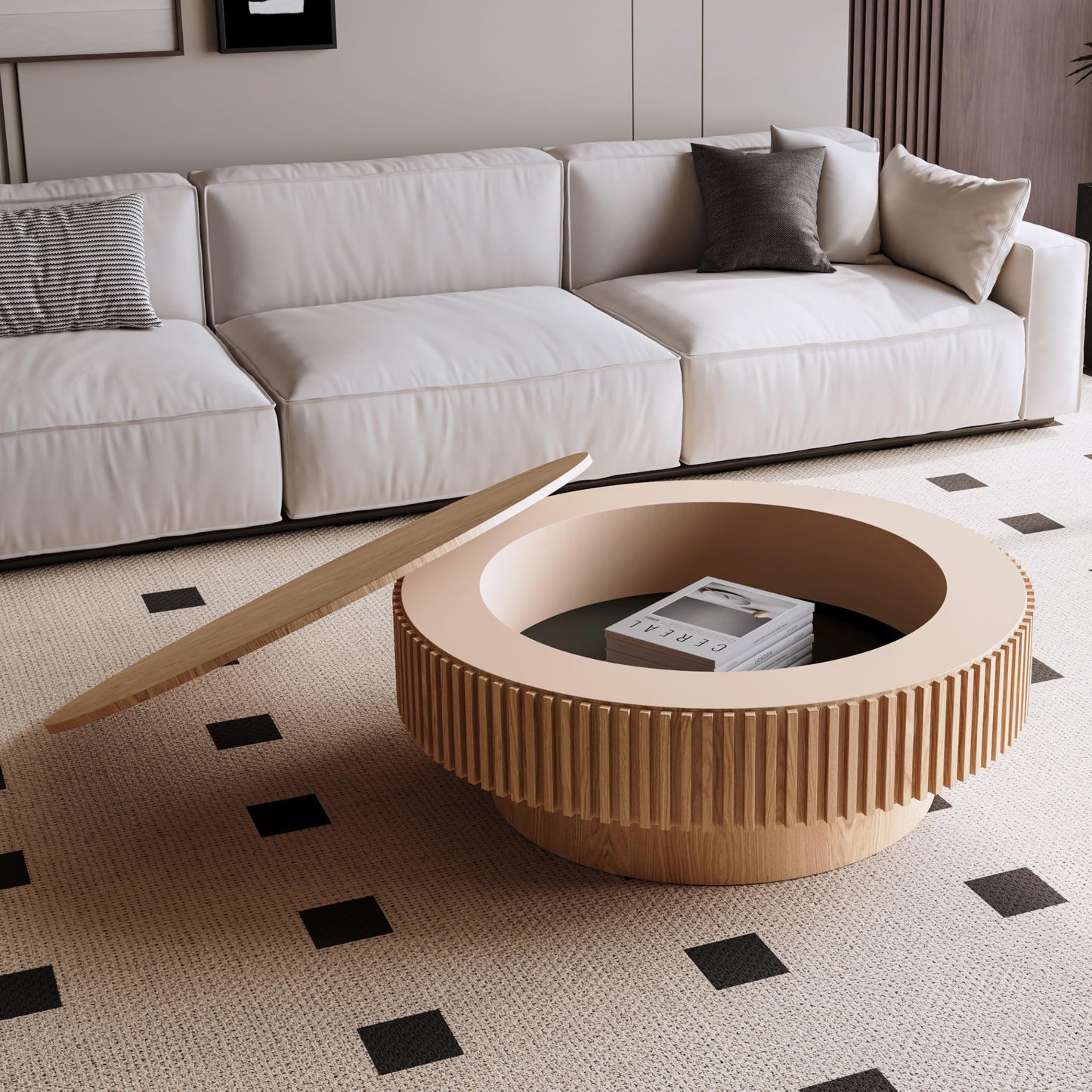 31.5" Round Drum Coffee Table with Storage, Handcraft Fluted Drum Coffee Table, Modern Wooden Circle Cocktail Tea Table Center Table with Sturdy Pedestal for Living Room Apartment (Walnut)