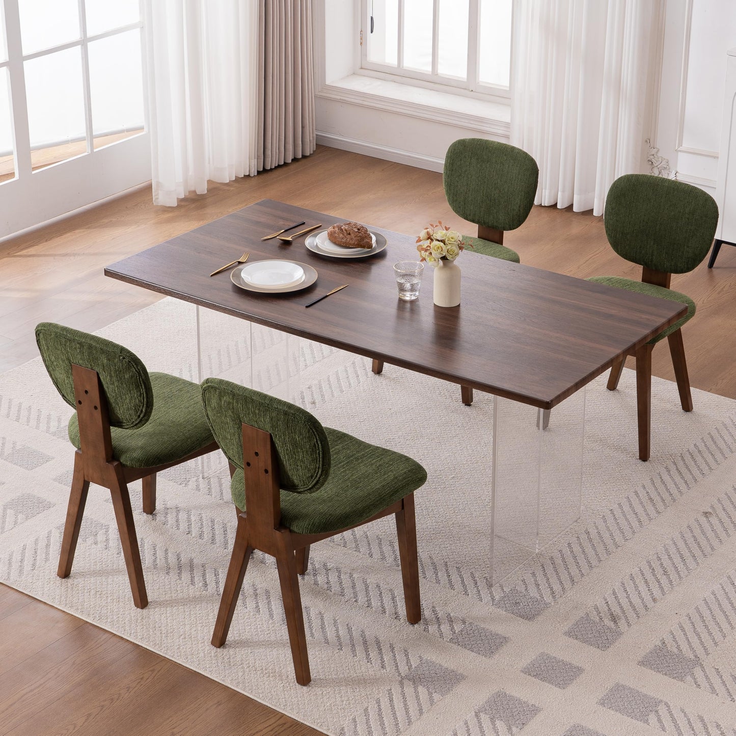 VKNOW Wooden Dining Chairs Set of 4, Mid Century Modern Upholstered Kitchen Side Chairs, Chenille Dining Room Chair with Curved Seat Backrest for Home Dining Room,Green
