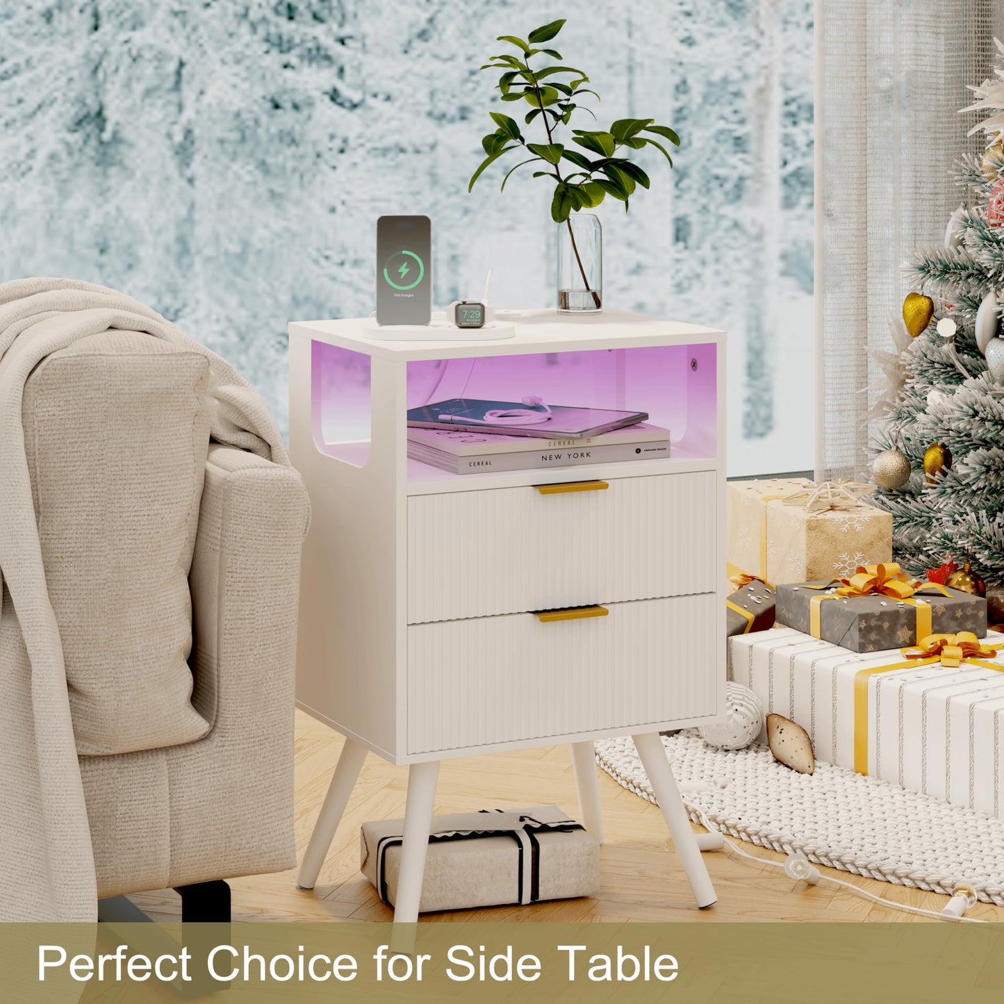 Nightstand with Charging Station and LED Lights,Modern Bedside Table with 2 Storage Drawer and Open Wood Shelf, for Bedroom and Small Spaces,Night Stand with Solid Wood Legs,GreyOak
