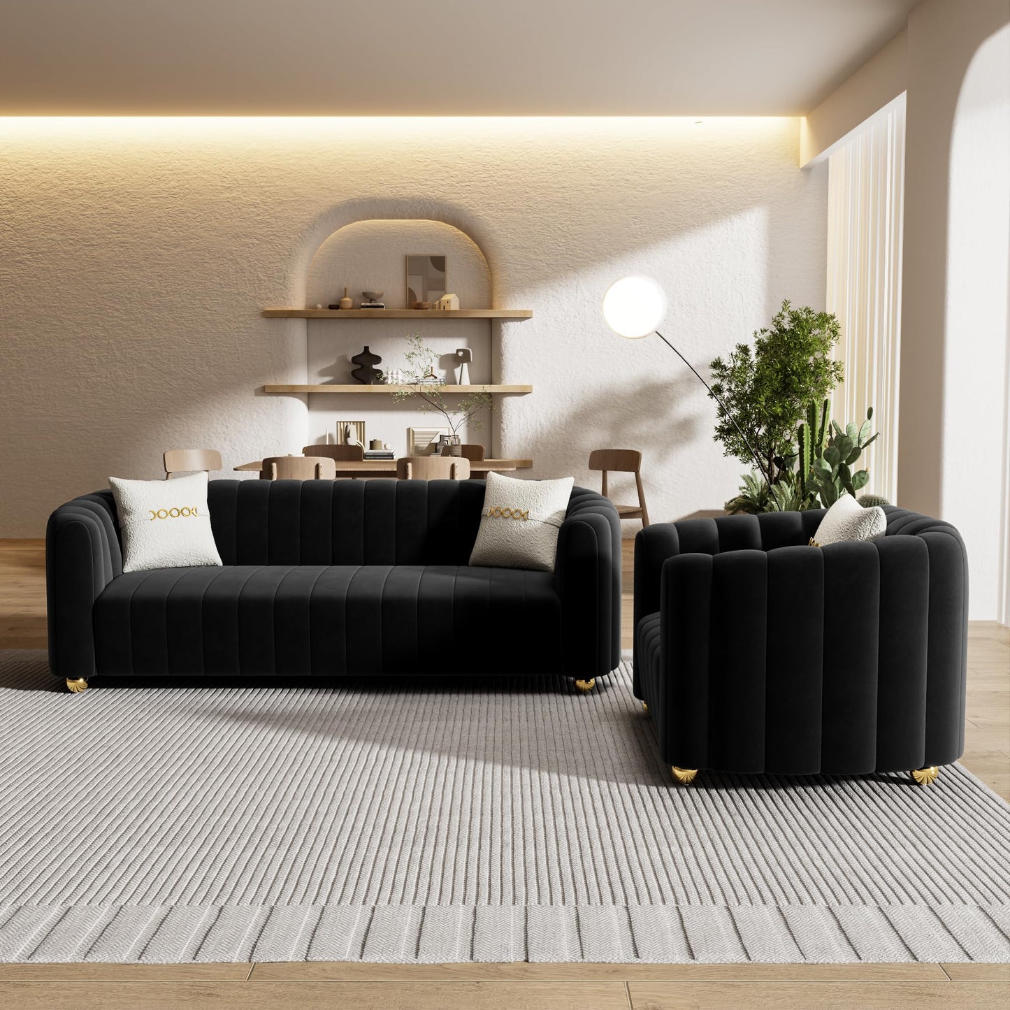 83'' Sofa for Living Room Modern Teddy Short Plush Couch 3-Seater Apartment Sofa with 2 Pillows & Golden Metal Legs