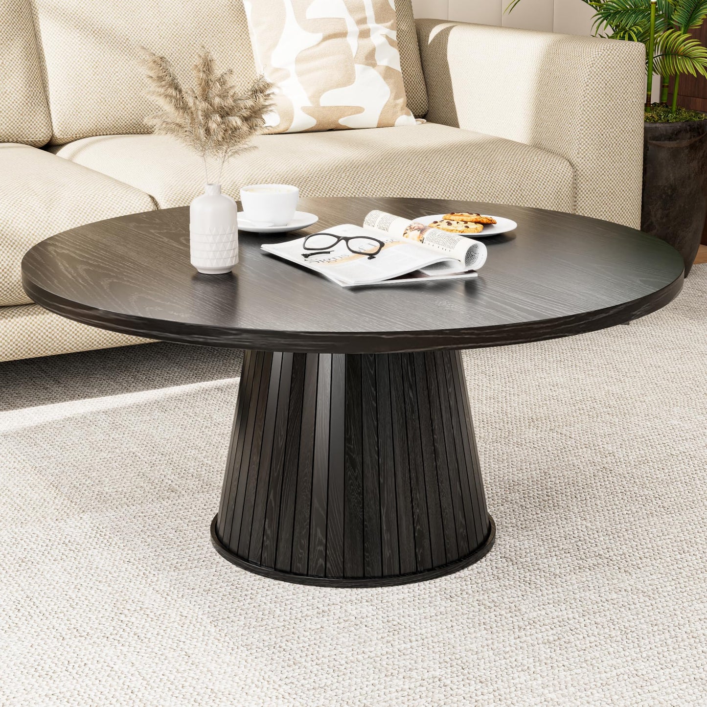 Fluted Round Coffee Table, Mid Century Modern Coffee Table, Small Walnut Circle Center Table, Brown, Farmhouse Wood, for Living Room, 31.5 Inches, Rustic, Easy Assembly