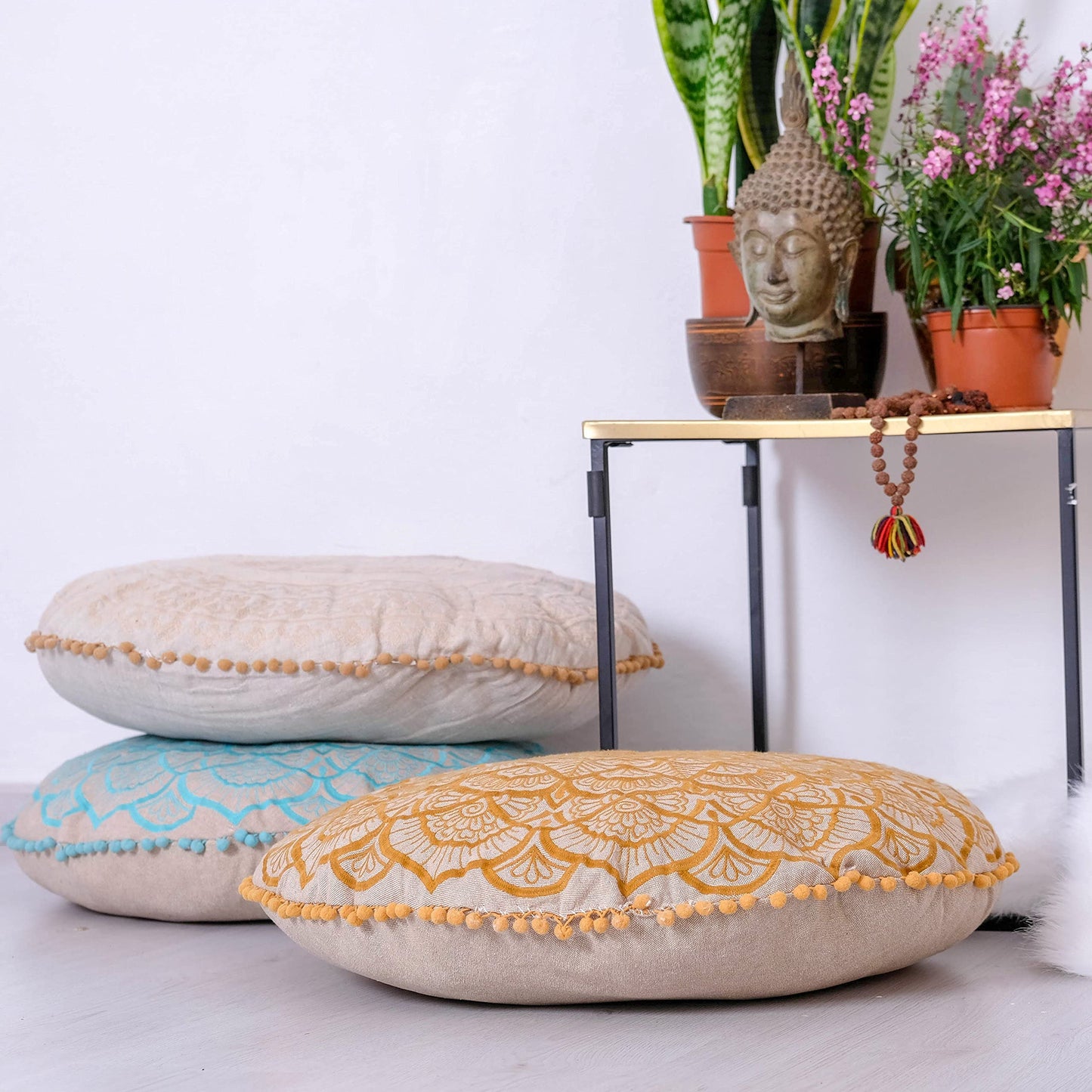 Large Round Floor Pillow Cover Blue Indian Décorative Accent Meditation Cushion Perfect for Living Room, Bedroom, Nursary or Children Room Seating Area Stool Footstool Pouf Ottoman 24x8 Unstuffed
