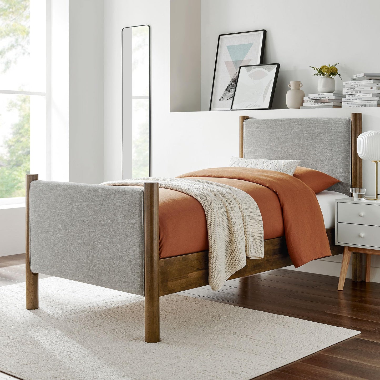Modway Maven King Size Bed Frame in Tan Walnut with Faux Leather Upholstered Headboard and Footboard – Wood King Platform Bed Frame – No Box Spring Needed