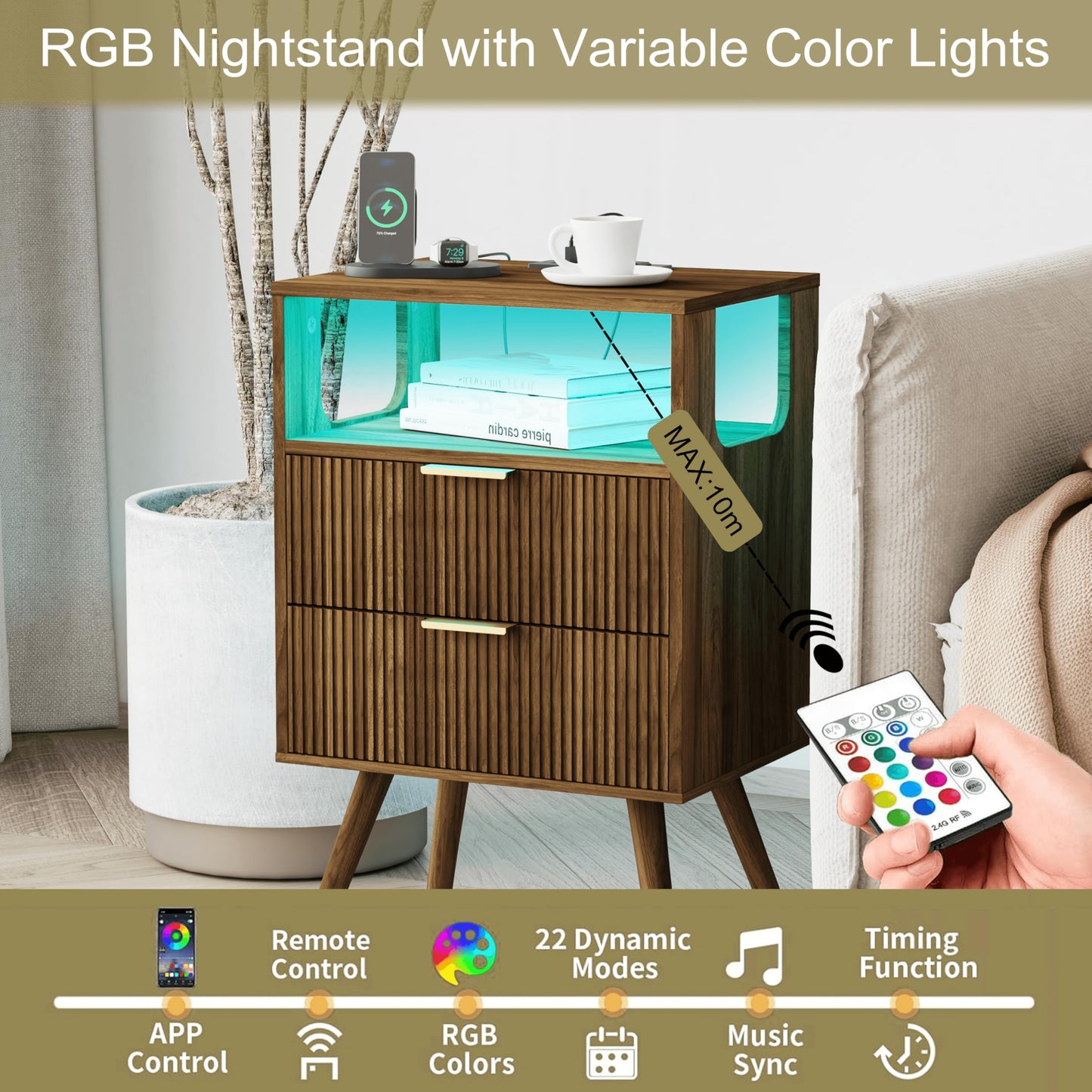 Nightstand with Charging Station and LED Lights,Modern Bedside Table with 2 Storage Drawer and Open Wood Shelf, for Bedroom and Small Spaces,Night Stand with Solid Wood Legs,GreyOak