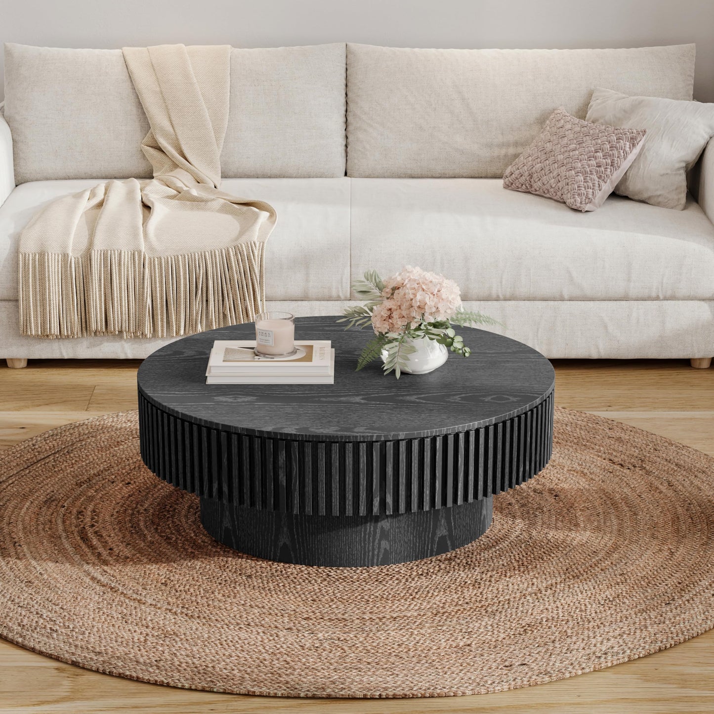 31.5" Round Drum Coffee Table with Storage, Handcraft Fluted Drum Coffee Table, Modern Wooden Circle Cocktail Tea Table Center Table with Sturdy Pedestal for Living Room Apartment (Walnut)