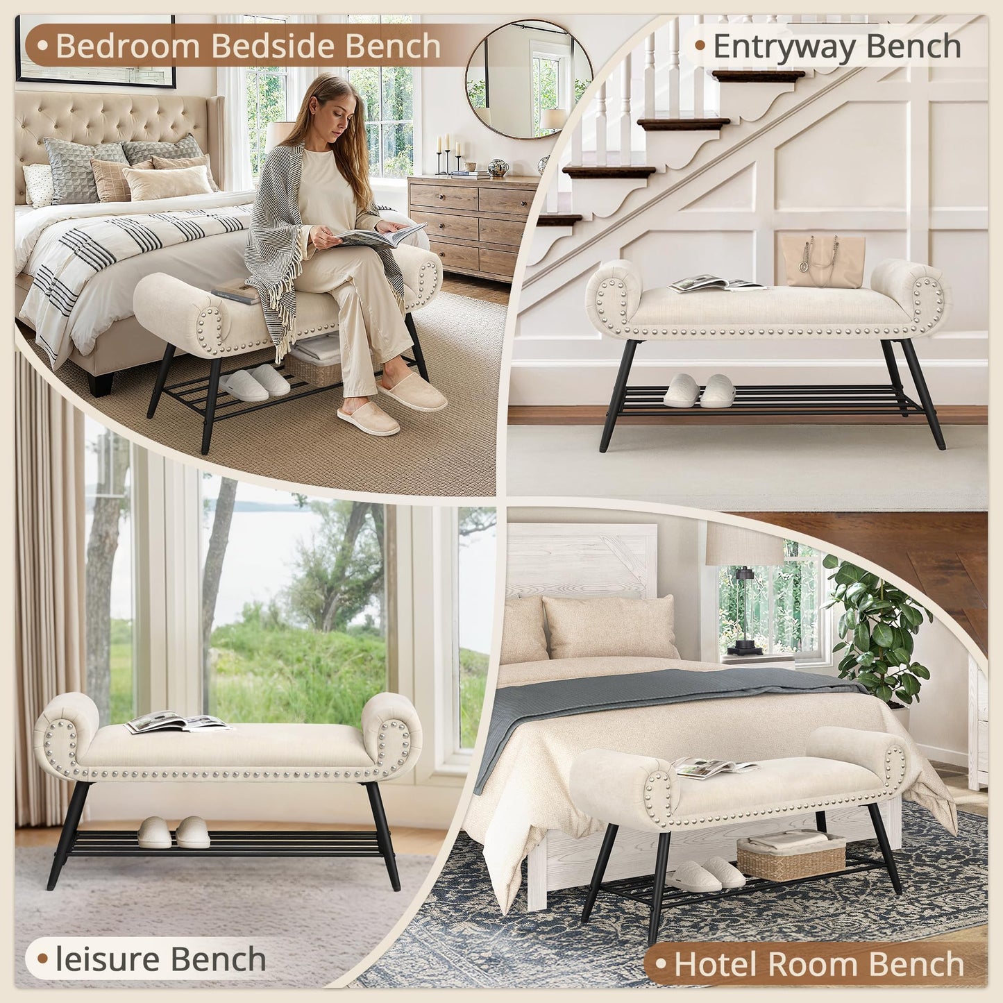 LUE BONA 45.3" End of Bed Bench, Modern Bedroom Leather Upholstered Shoe Benches, Ottoman with Stable Metal Frame and Solid Shelf for Bedroom, entryway, Living Room,Foyer, 330LB, Brown