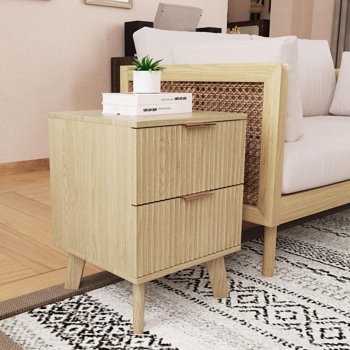 Fluted Nightstand Set of 2, Mid Century Modern 2 Drawer Dresser for Bedroom, Small Dresser Night Stand Side Table End Table with Wood Fluted Drawer Storage for Bedroom Closet(Walnut)