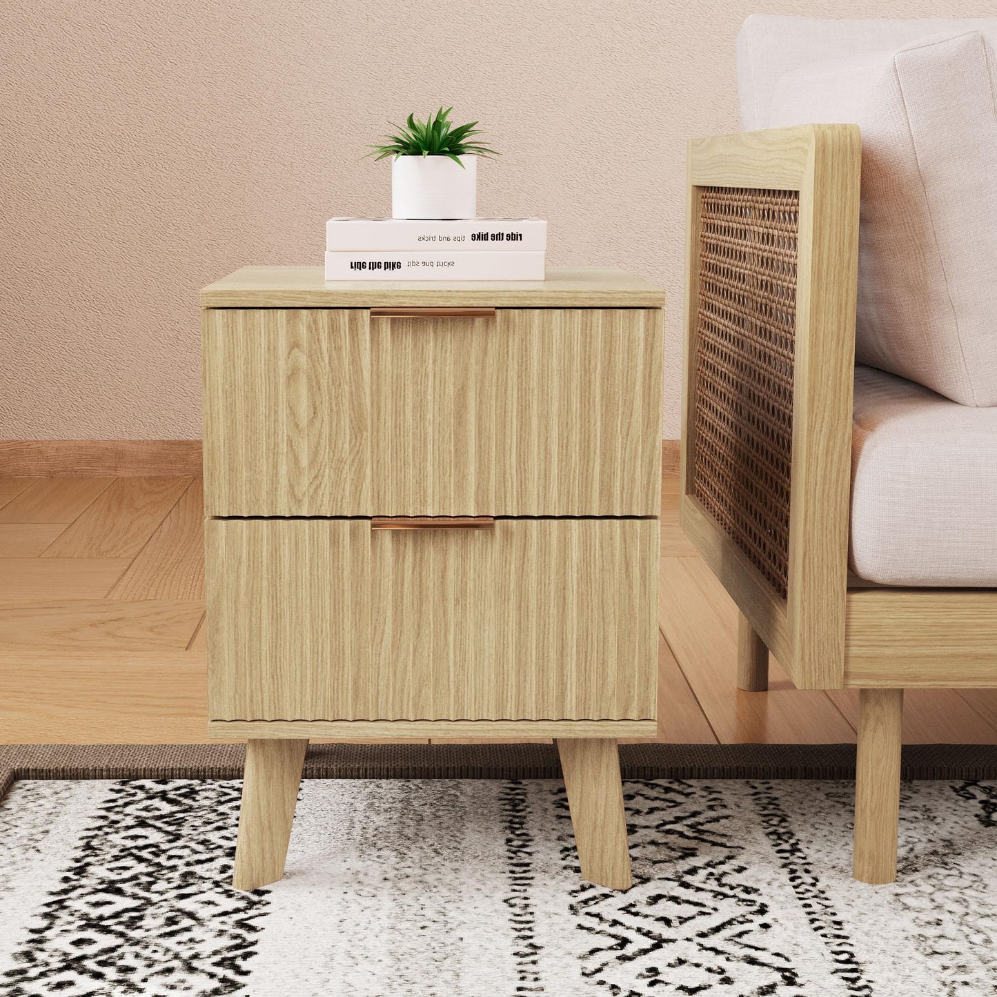 Fluted Nightstand Set of 2, Mid Century Modern 2 Drawer Dresser for Bedroom, Small Dresser Night Stand Side Table End Table with Wood Fluted Drawer Storage for Bedroom Closet(Walnut)