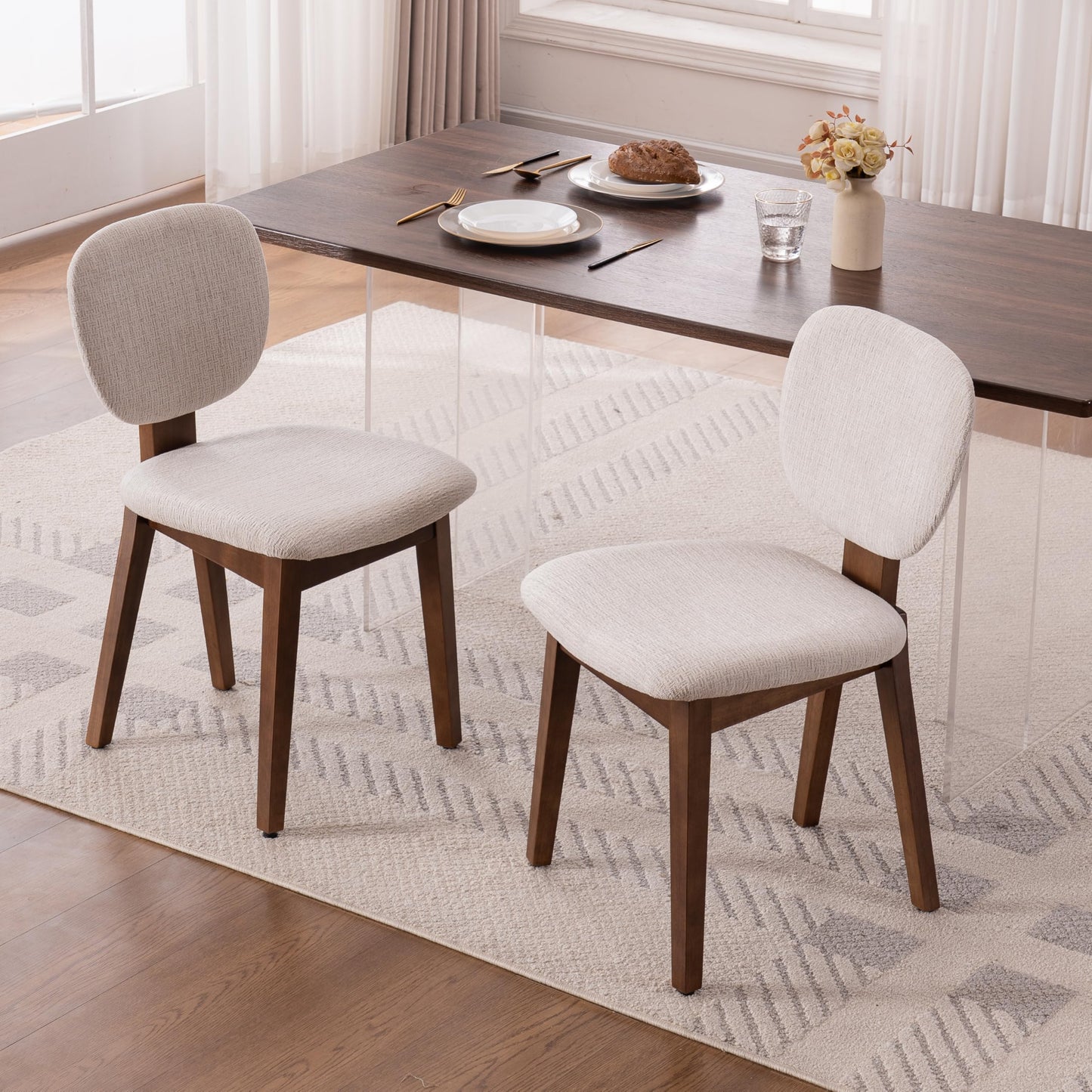 VKNOW Wooden Dining Chairs Set of 4, Mid Century Modern Upholstered Kitchen Side Chairs, Chenille Dining Room Chair with Curved Seat Backrest for Home Dining Room,Green