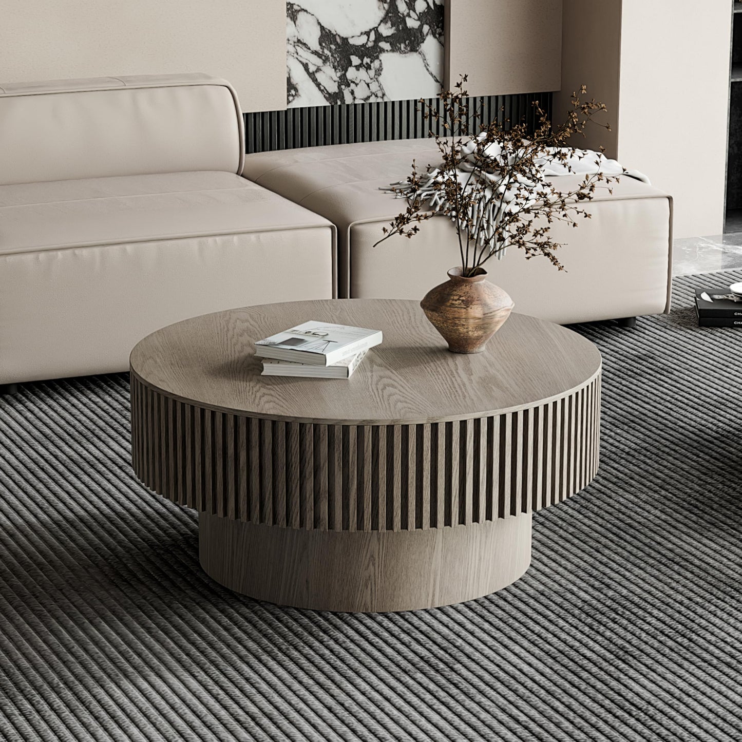 31.5" Round Drum Coffee Table with Storage, Handcraft Fluted Drum Coffee Table, Modern Wooden Circle Cocktail Tea Table Center Table with Sturdy Pedestal for Living Room Apartment (Walnut)