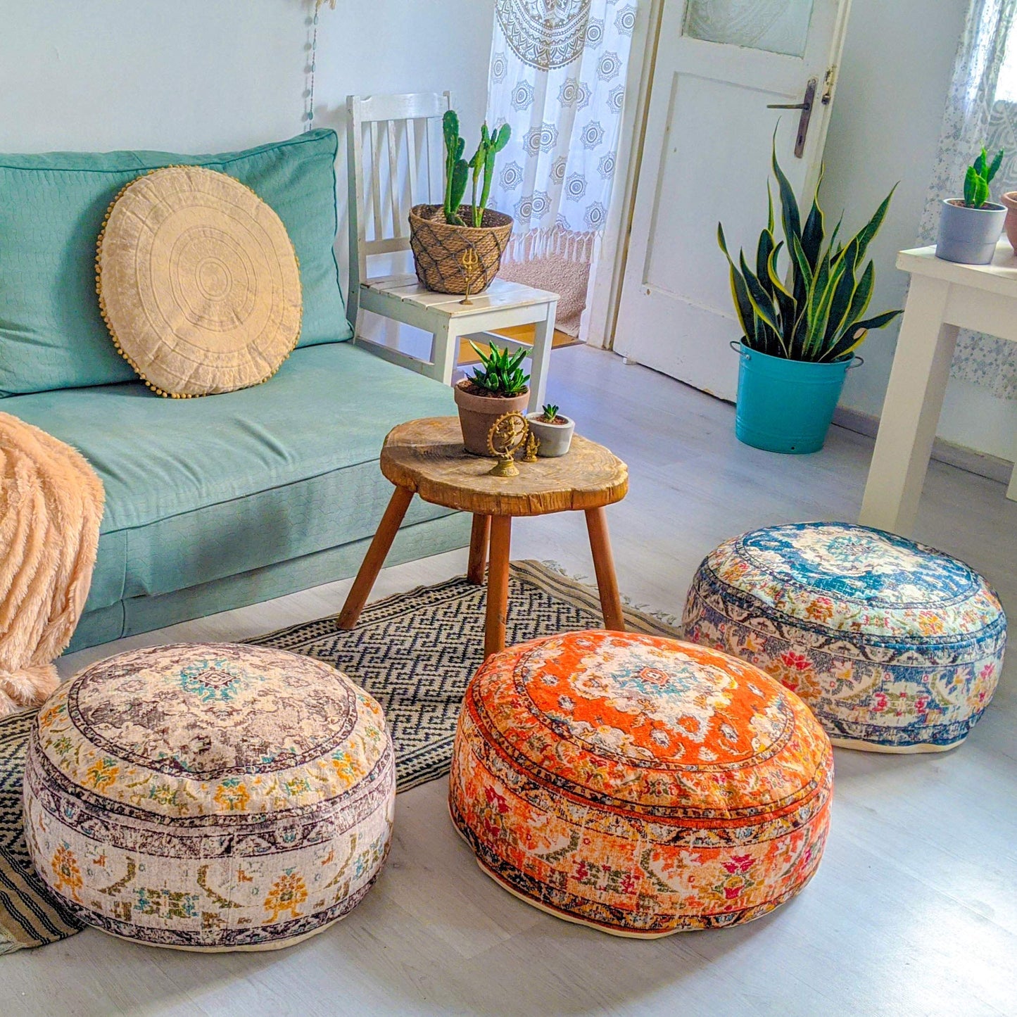 Large Round Floor Pillow Cover Blue Indian Décorative Accent Meditation Cushion Perfect for Living Room, Bedroom, Nursary or Children Room Seating Area Stool Footstool Pouf Ottoman 24x8 Unstuffed