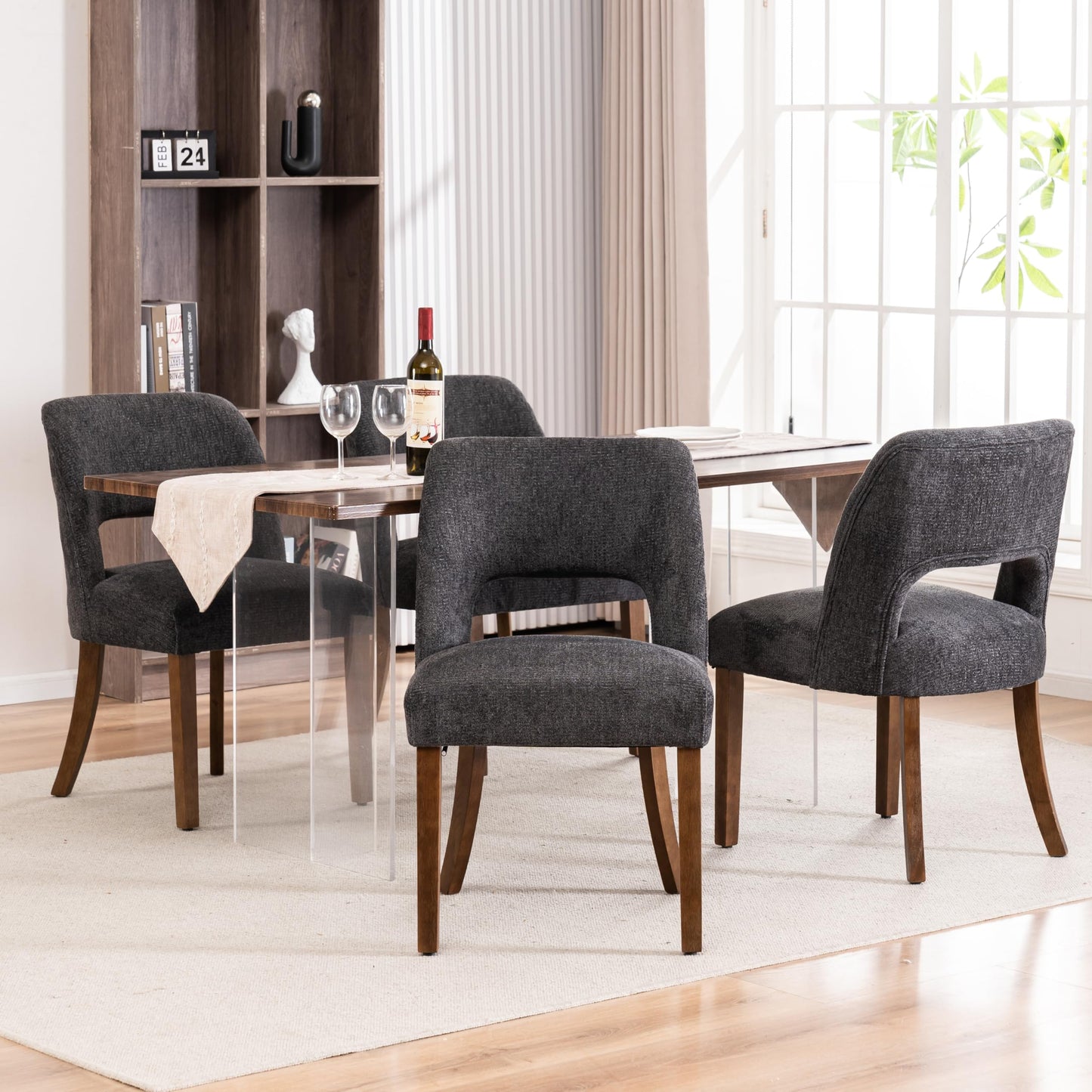 VKNOW Wooden Dining Chairs Set of 2, Modern Fabric Upholstered Dining Room Chair Kitchen Chairs, Farmhouse Dinner Chair for Kitchen Dining Room, Beige-Black Legs
