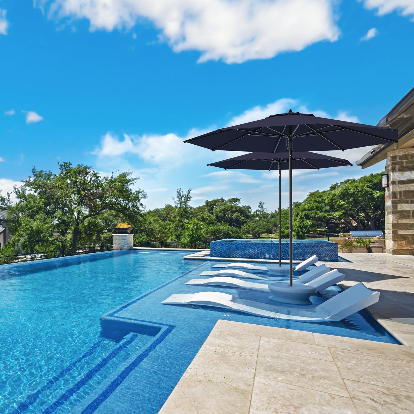 Midtown Umbrellas Push and Pop 9 Feet Outdoor Umbrella With Terylast Black/White Stripes Polyester Fabric - Fiberglass Ribs Deck Patio, Backyard, Garden & Pool - Silver Pole