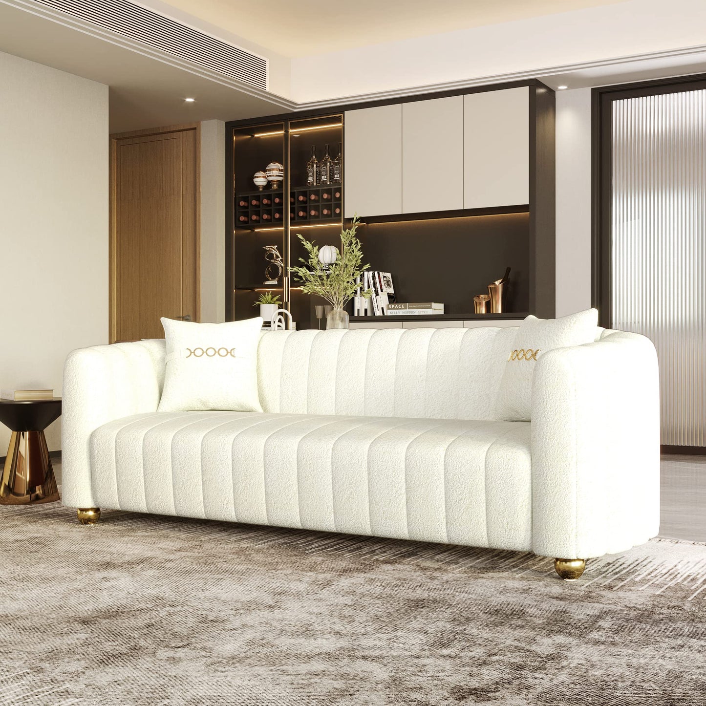 83'' Sofa for Living Room Modern Teddy Short Plush Couch 3-Seater Apartment Sofa with 2 Pillows & Golden Metal Legs