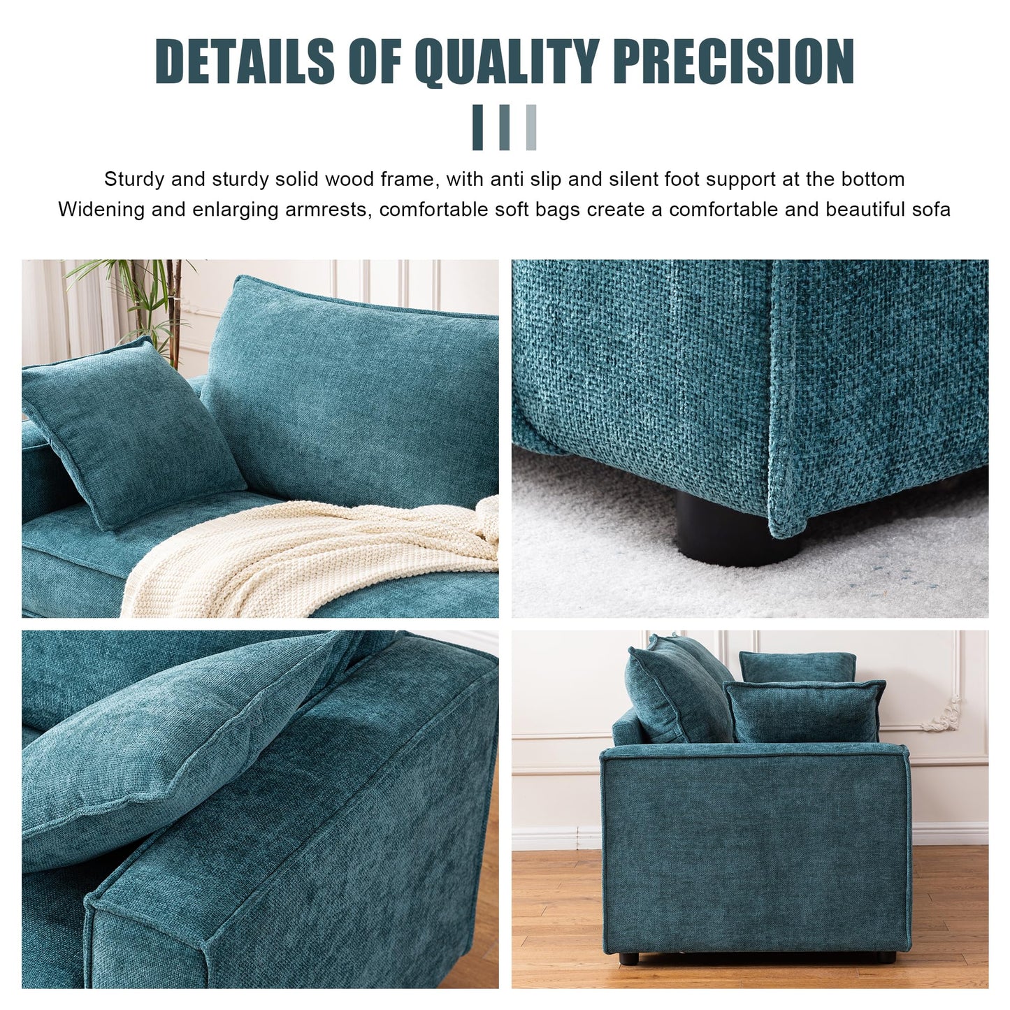 PINJU Three Person Sofa with Wide Upholstered Chaise Lounge Sofa, Linen Fabric, Easy to Assemble, No Noise (Turquoise)
