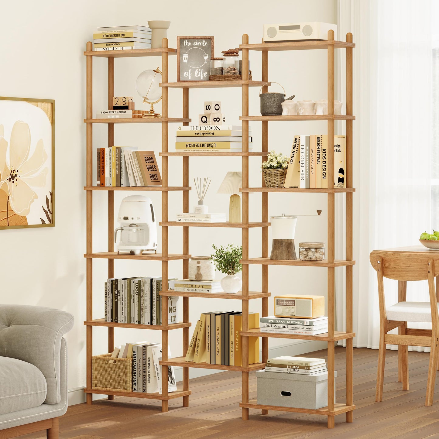 IOTXY Wooden Triple Wide Bookshelf - 5-Tier Large Shelf Bookcase with Solid Beech Frame, Tall Freestanding Open Etagere Display Rack for Home Office, Walnut