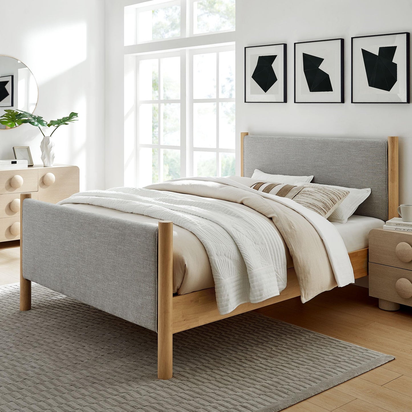 Modway Maven King Size Bed Frame in Tan Walnut with Faux Leather Upholstered Headboard and Footboard – Wood King Platform Bed Frame – No Box Spring Needed