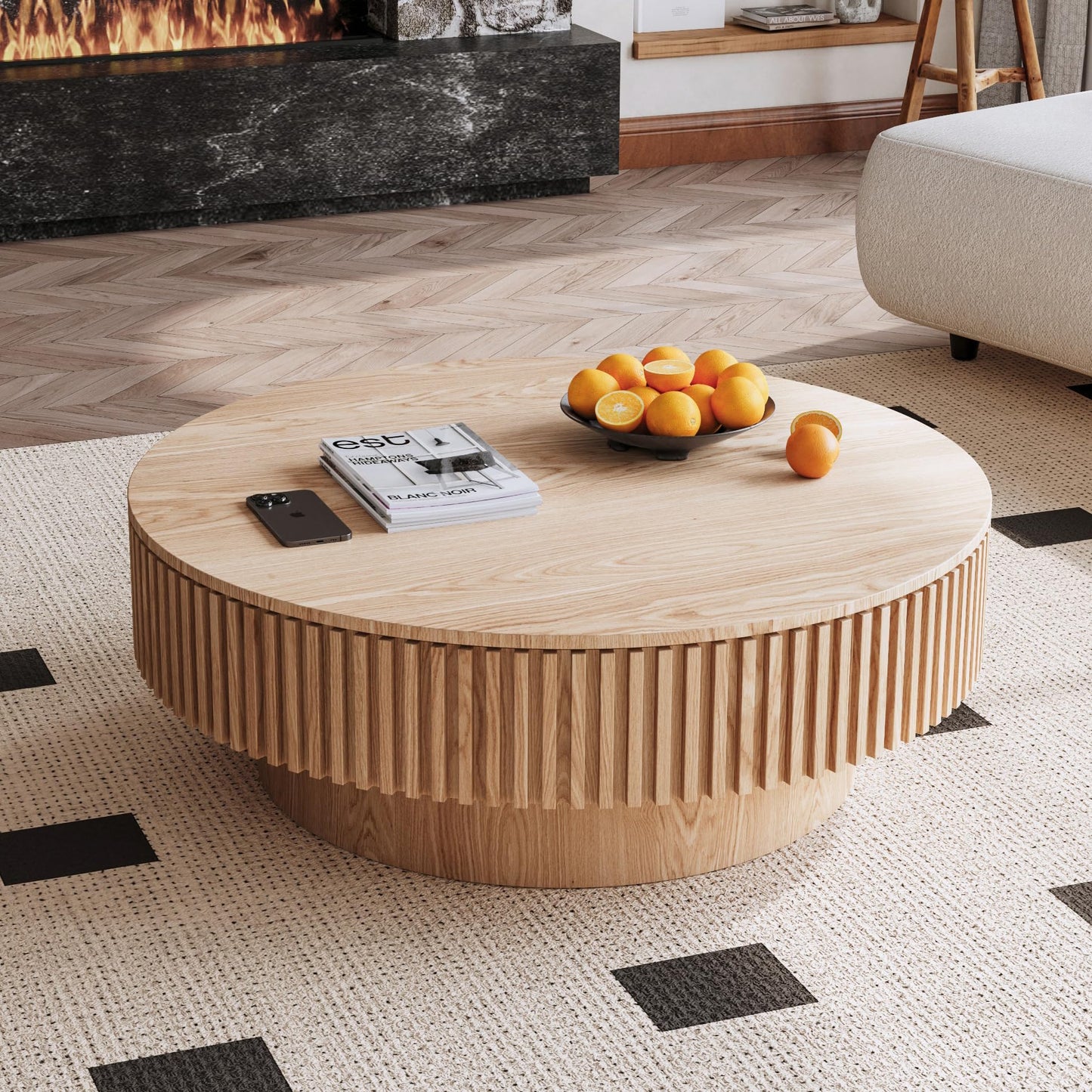 31.5" Round Drum Coffee Table with Storage, Handcraft Fluted Drum Coffee Table, Modern Wooden Circle Cocktail Tea Table Center Table with Sturdy Pedestal for Living Room Apartment (Walnut)