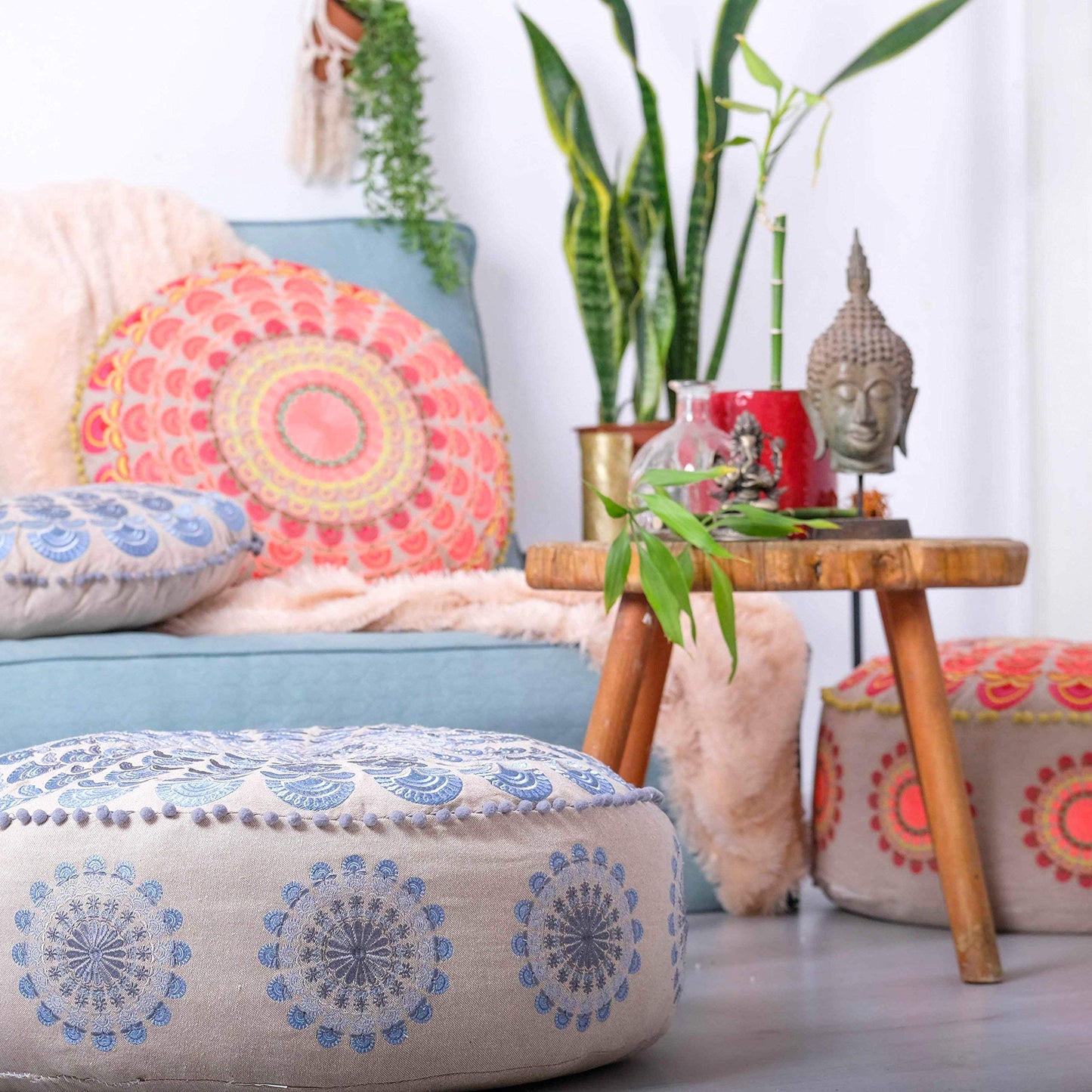 Large Round Floor Pillow Cover Blue Indian Décorative Accent Meditation Cushion Perfect for Living Room, Bedroom, Nursary or Children Room Seating Area Stool Footstool Pouf Ottoman 24x8 Unstuffed