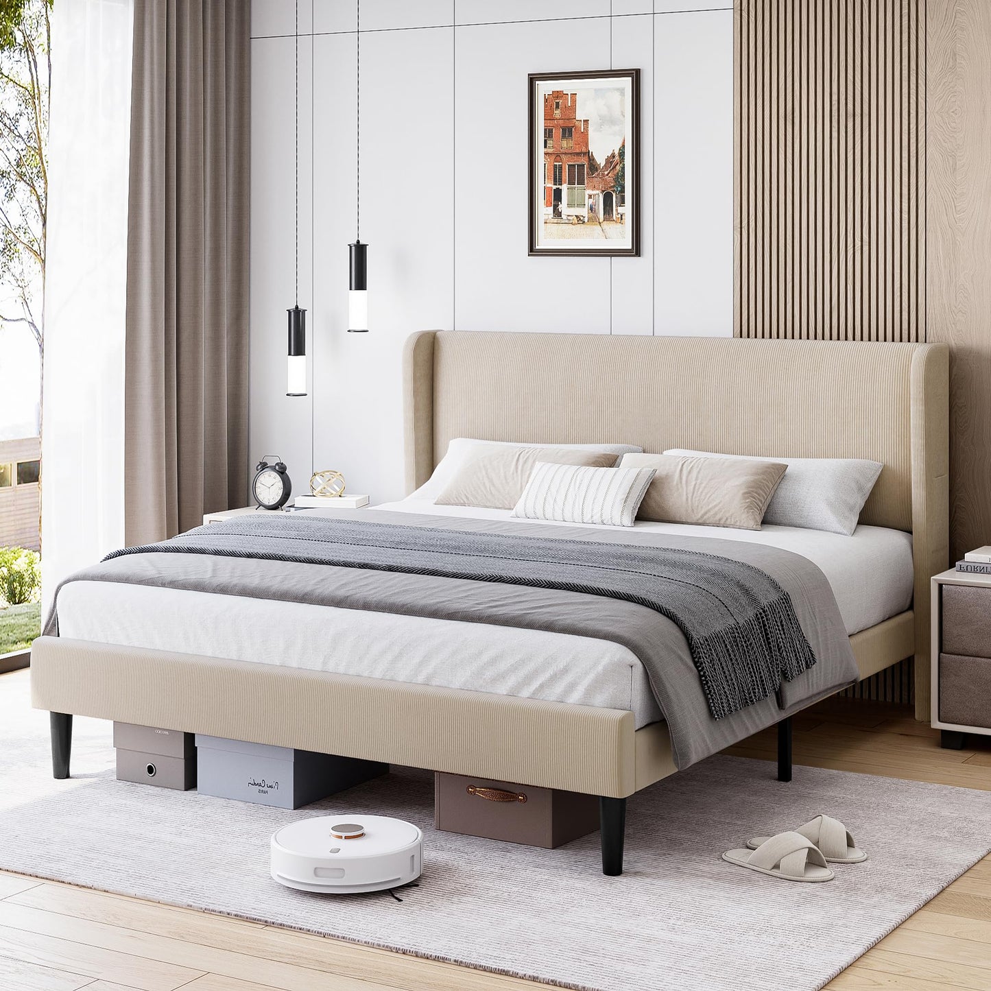 IDEALHOUSE King Upholstered Bed Frame with Wingback Headboard, Luxurious Velvet Upholstery Platform Bed, Wooden Slat Support, and Easy Assembly - Box Spring Optional, Light Gray