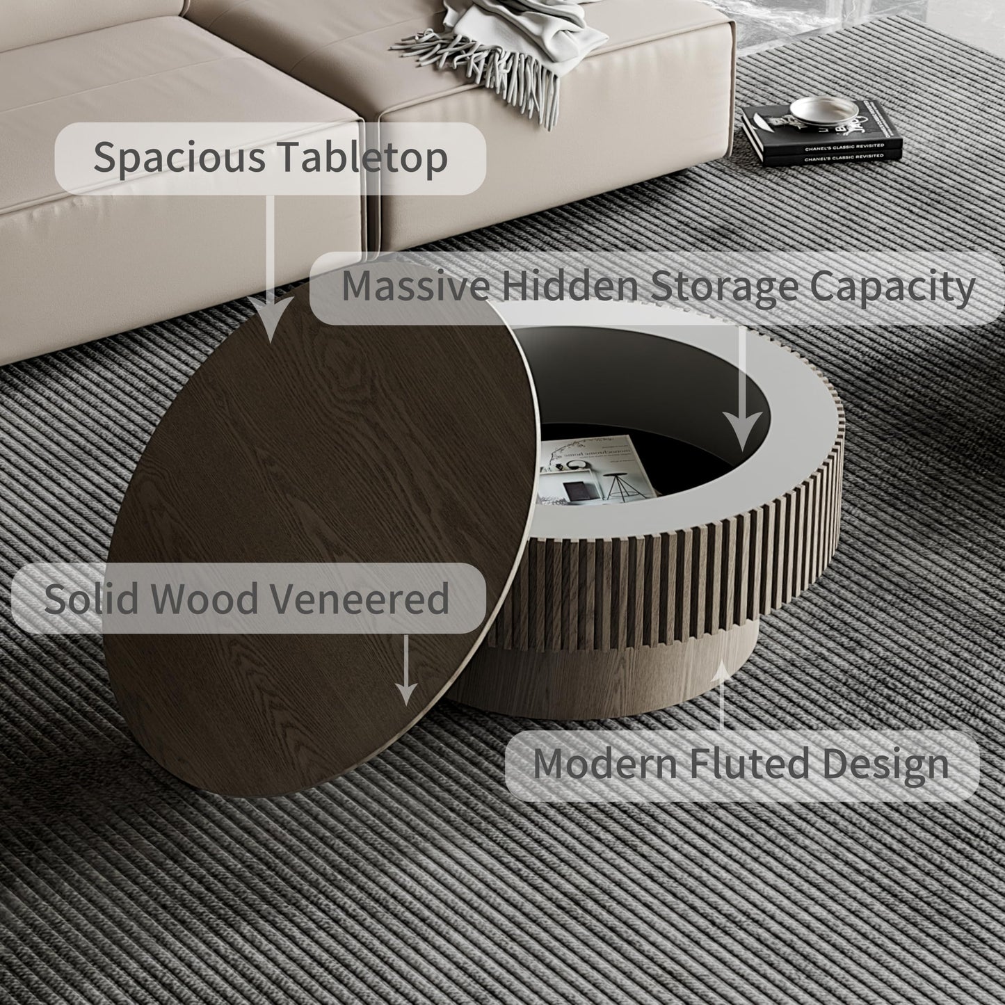 31.5" Round Drum Coffee Table with Storage, Handcraft Fluted Drum Coffee Table, Modern Wooden Circle Cocktail Tea Table Center Table with Sturdy Pedestal for Living Room Apartment (Walnut)